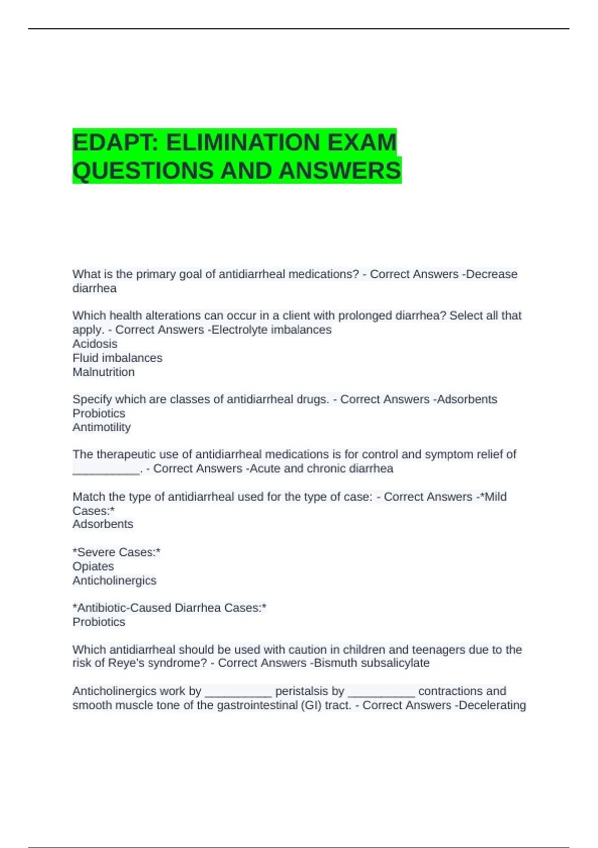 EDAPT ELIMINATION EXAM QUESTIONS AND ANSWERS - EDAPT - Stuvia US