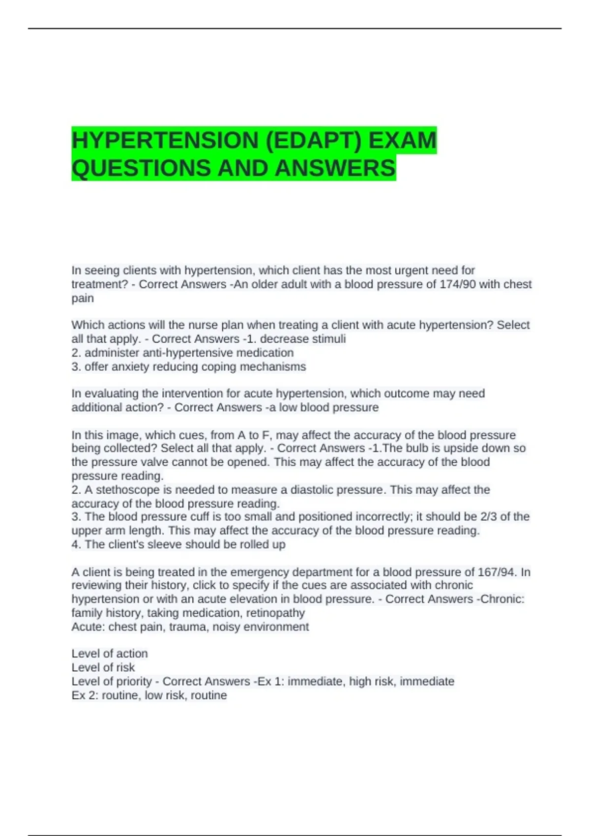 HYPERTENSION (EDAPT) EXAM QUESTIONS AND ANSWERS - EDAPT - Stuvia US