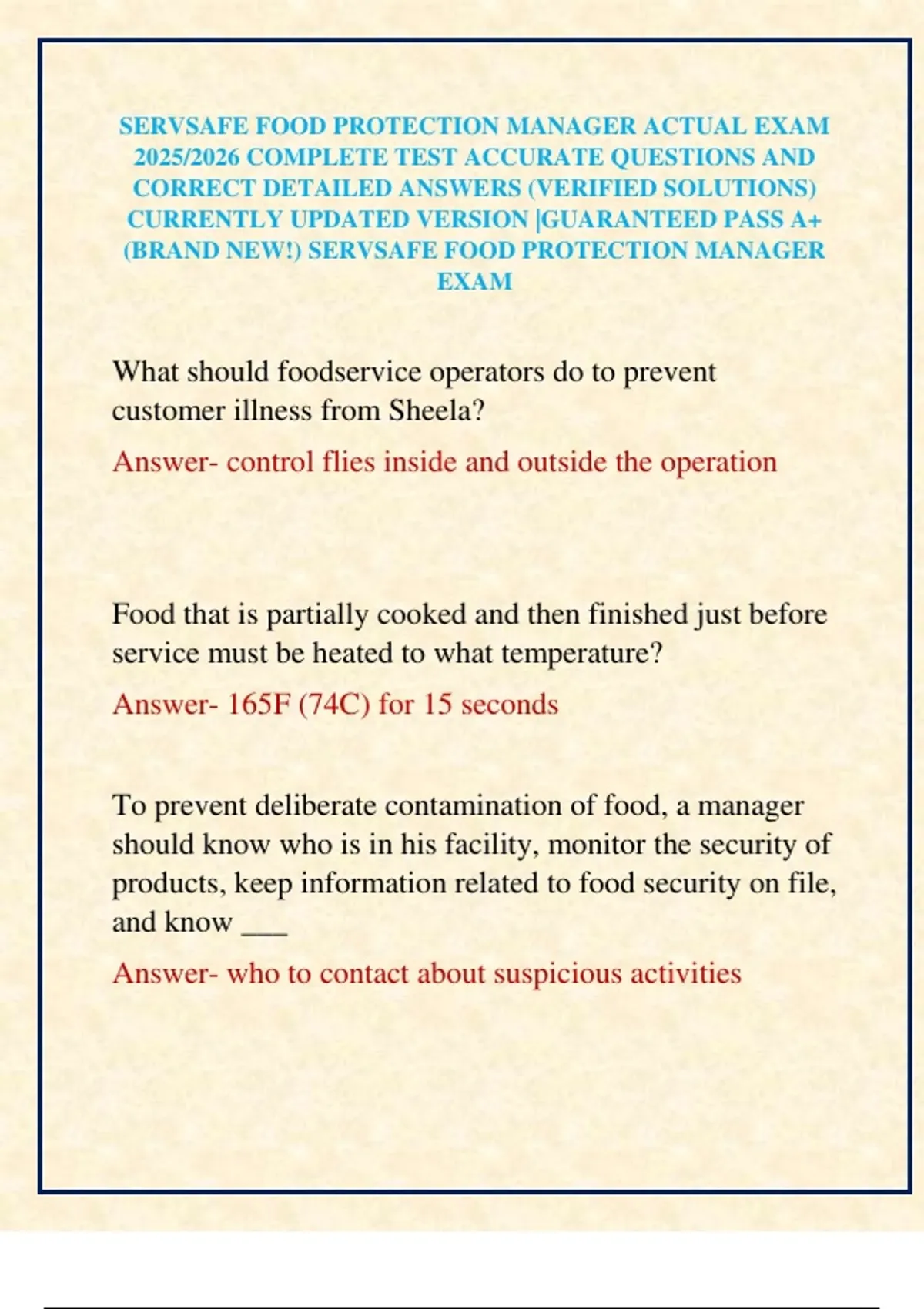 SERVSAFE FOOD PROTECTION MANAGER ACTUAL EXAM 2025/2026 COMPLETE TEST ...