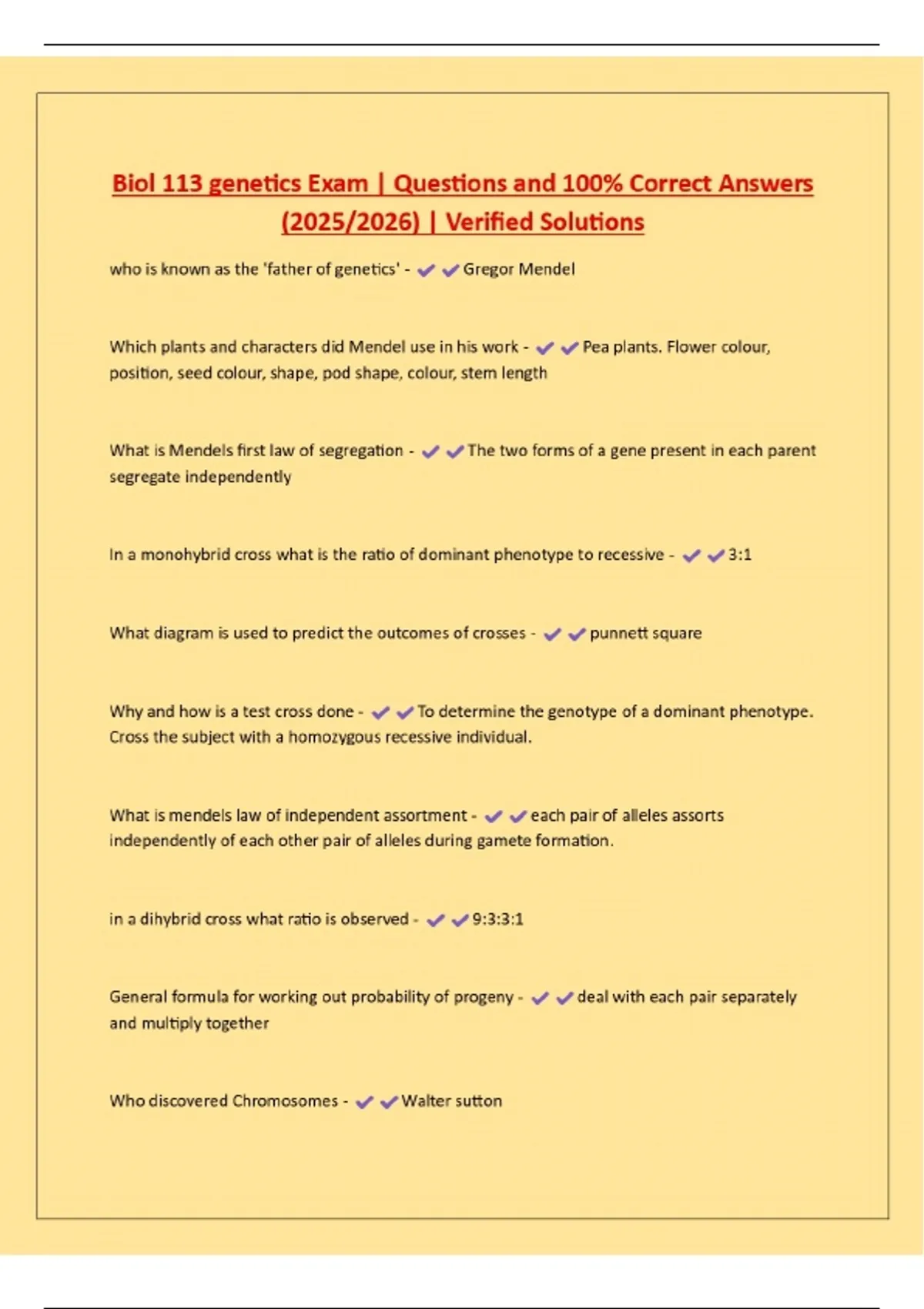 Biol 113 genetics Exam | Questions and 100% Correct Answers (2025/2026 ...