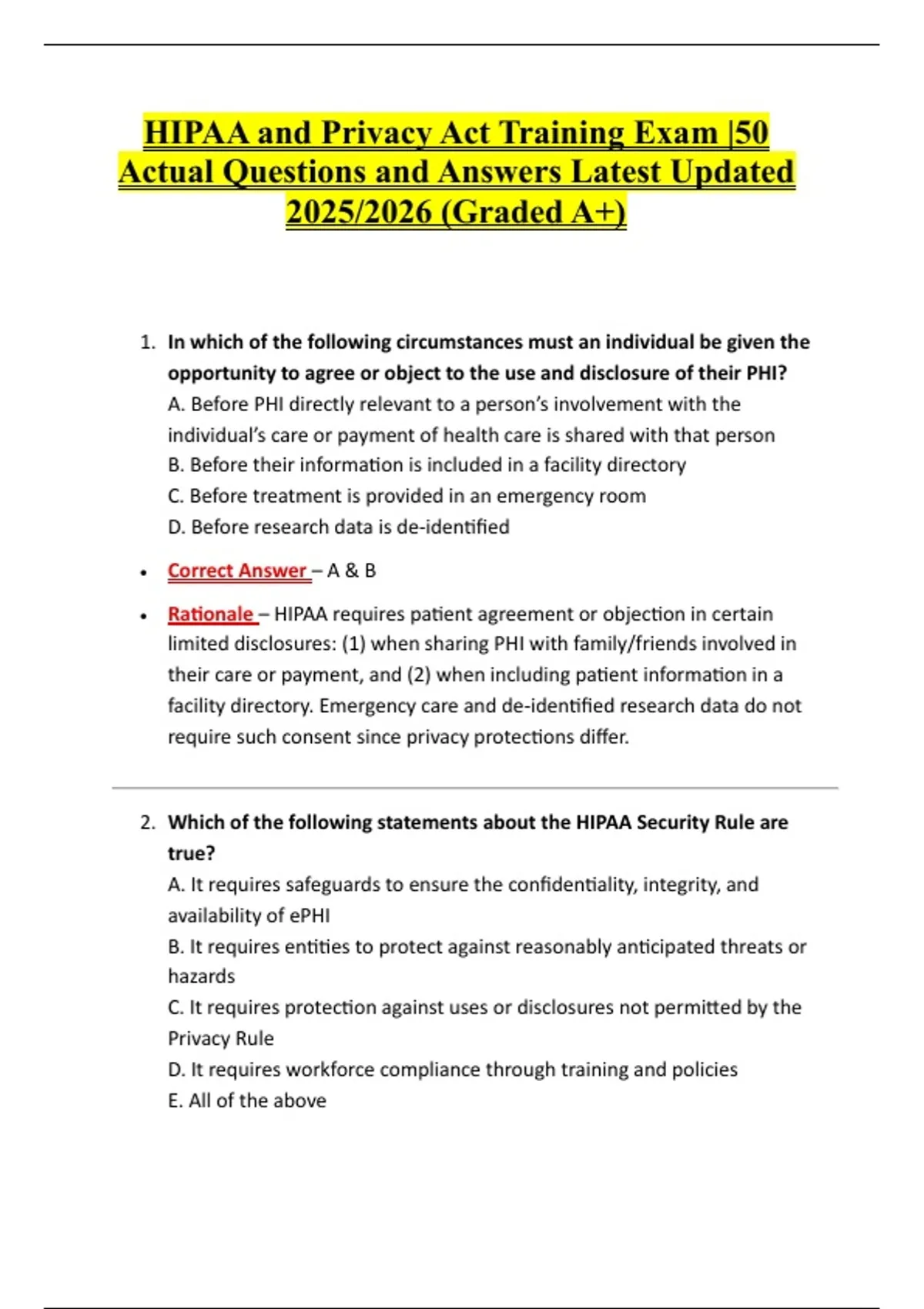 HIPAA and Privacy Act Training Exam |50 Actual Questions and Answers Latest Updated 2025/2026 ...