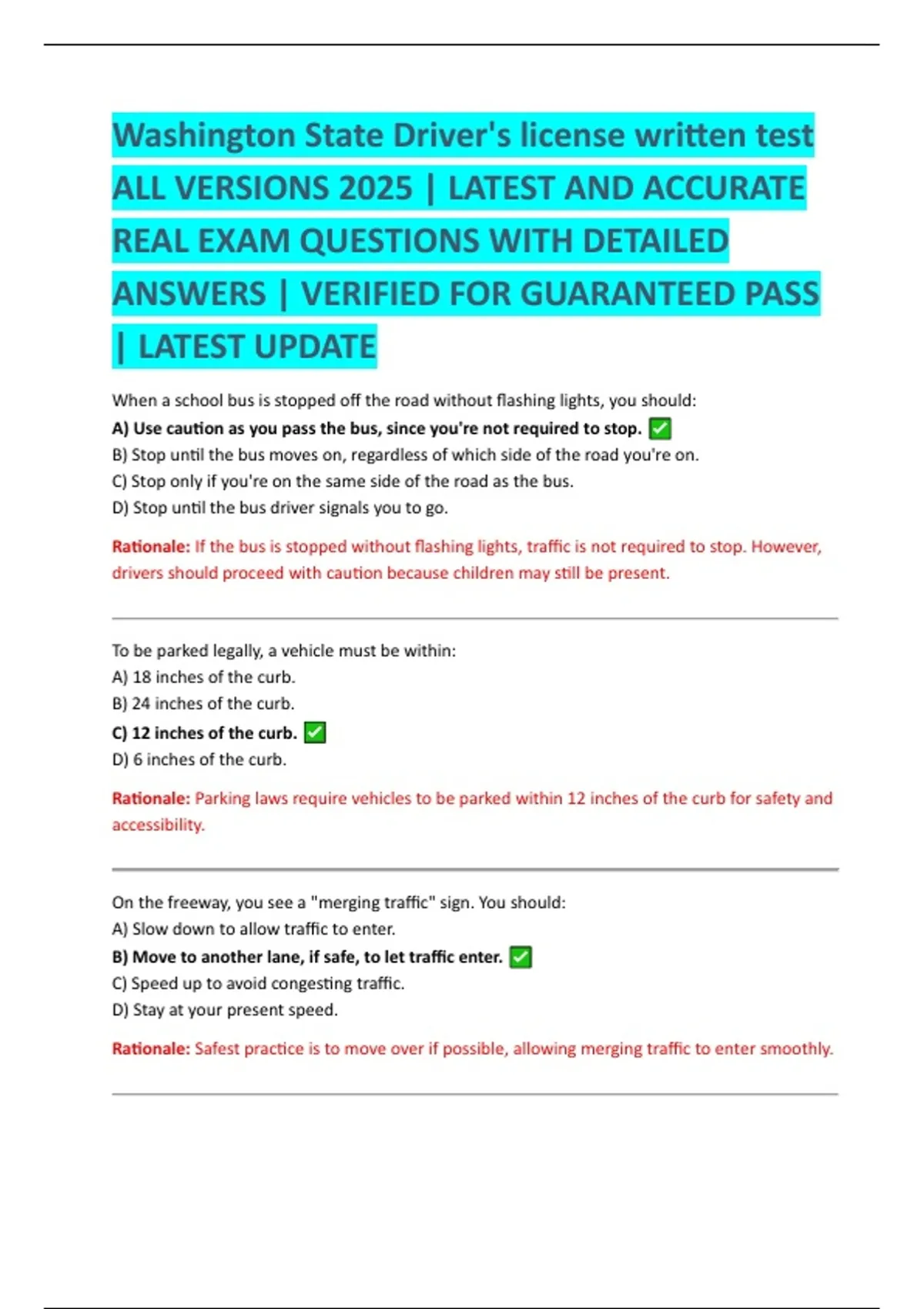 Washington State Driver's license written test ALL VERSIONS 2025 ...
