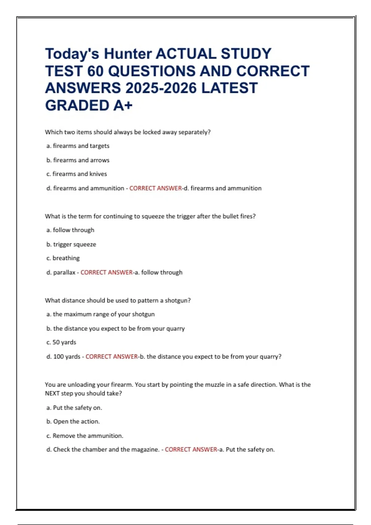 Hunter Sample Test Today's Hunter ACTUAL STUDY TEST 60 QUESTIONS AND CORRECT ANSWERS ...
