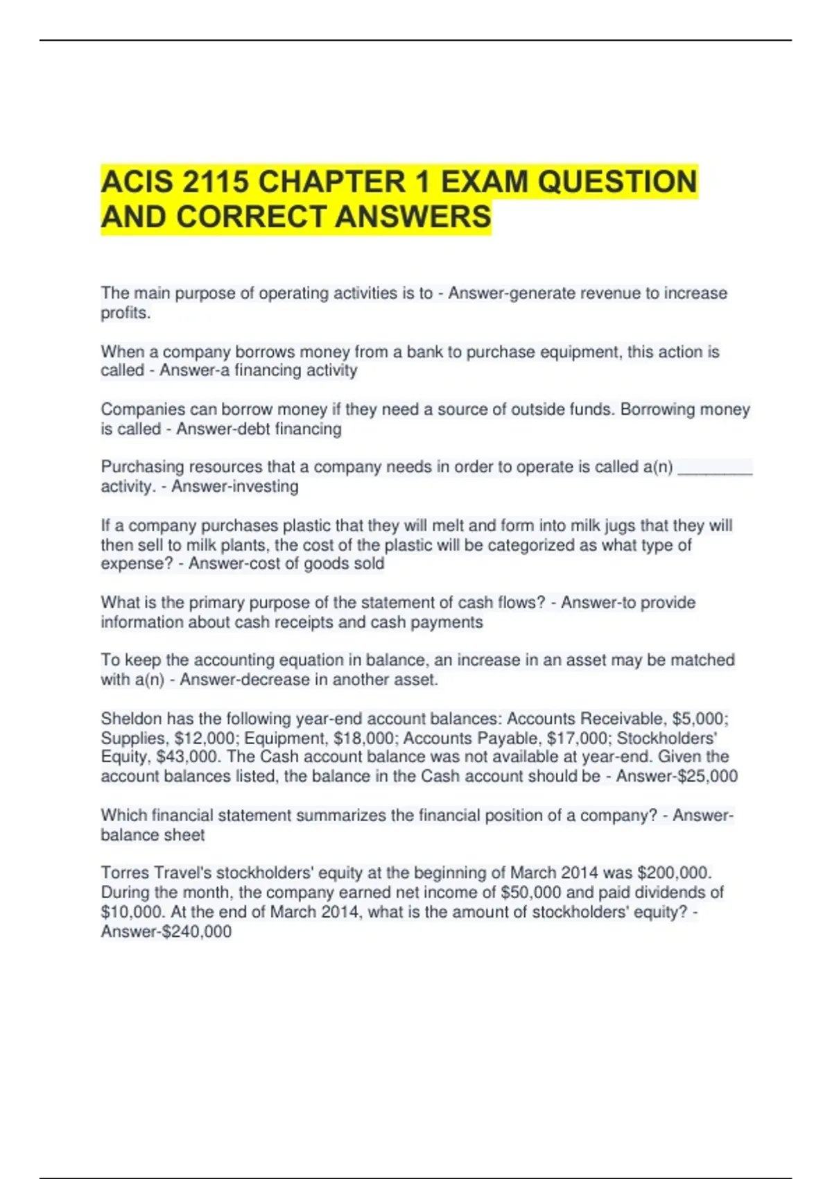 ACIS 2115 CHAPTER 1 EXAM QUESTION AND CORRECT ANSWERS - ACIS 2115 ...