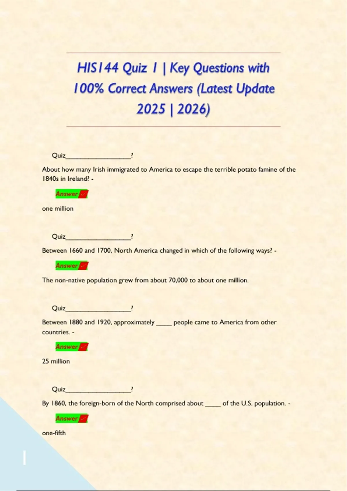 HIS144 Quiz 1 | Key Questions with 100% Correct Answers (Latest Update ...