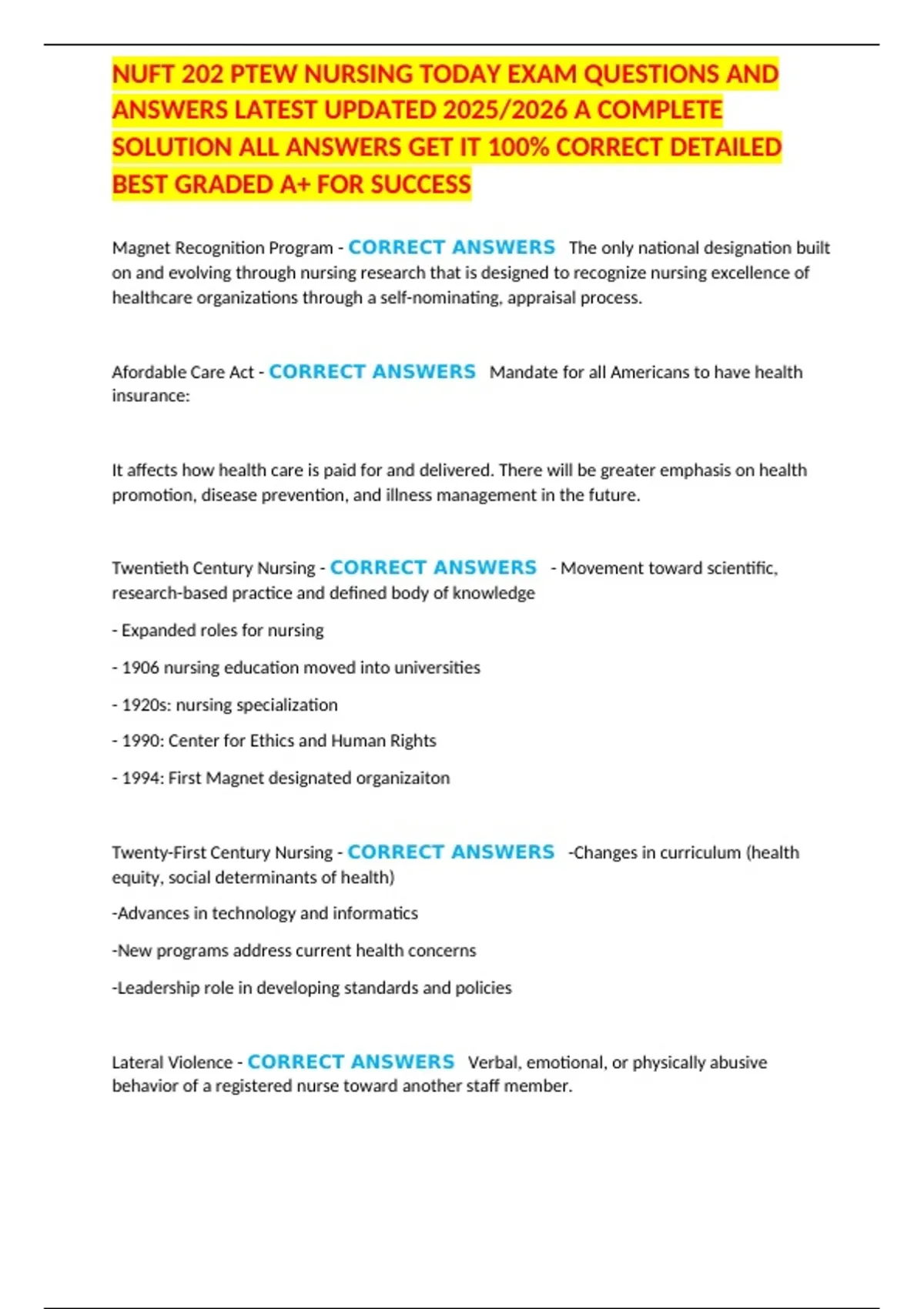 NUFT 202 PTEW NURSING TODAY EXAM QUESTIONS AND ANSWERS LATEST UPDATED ...