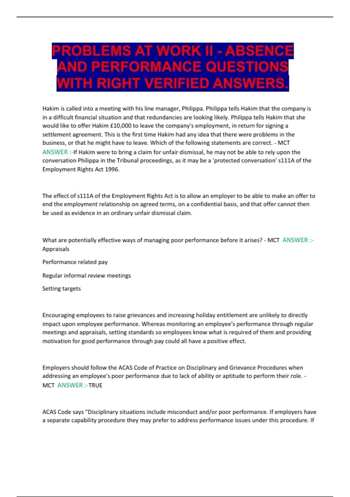 PROBLEMS AT WORK II - ABSENCE AND PERFORMANCE QUESTIONS WITH RIGHT ...