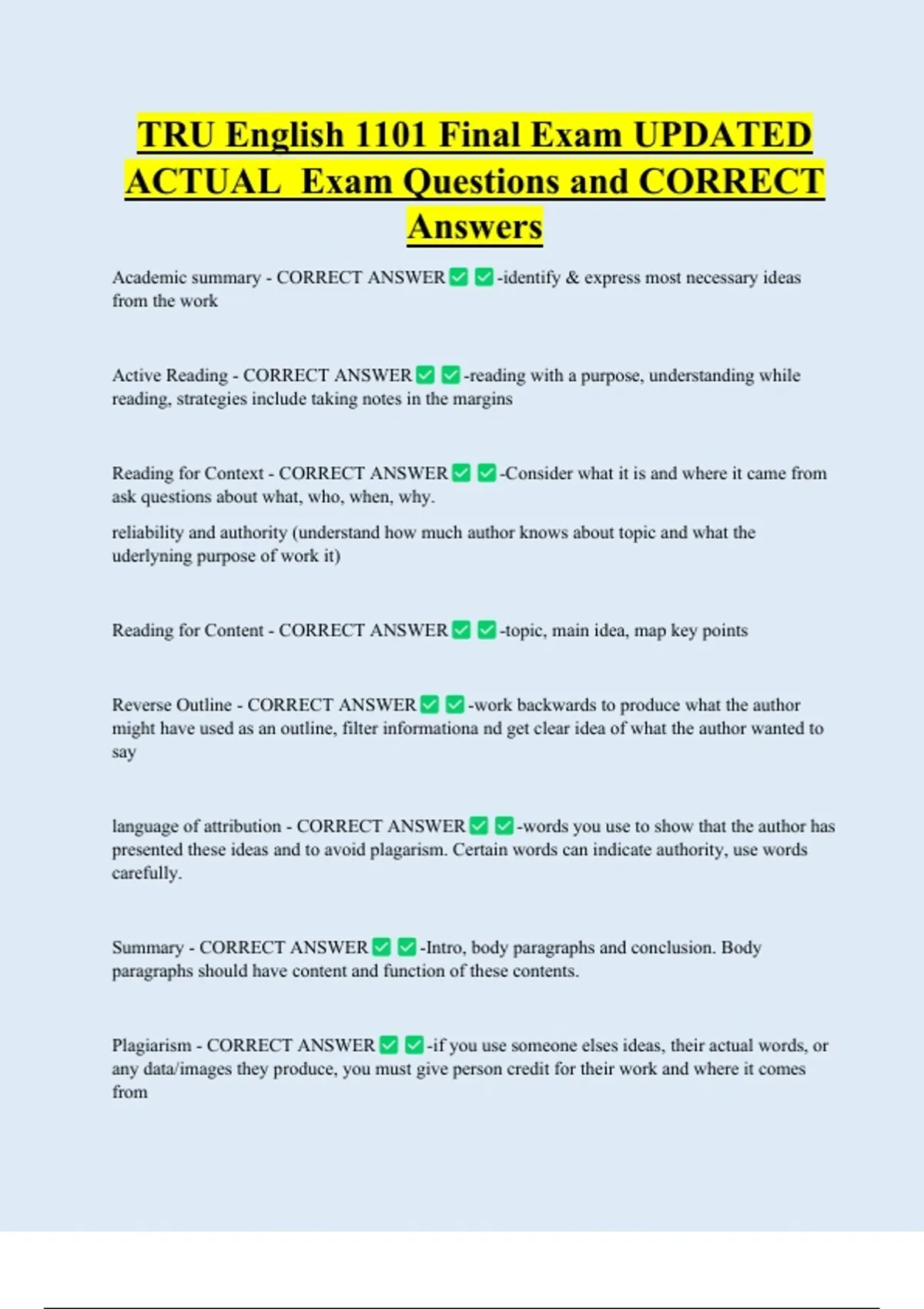 TRU English 1101 Final Exam UPDATED ACTUAL Exam Questions and CORRECT ...