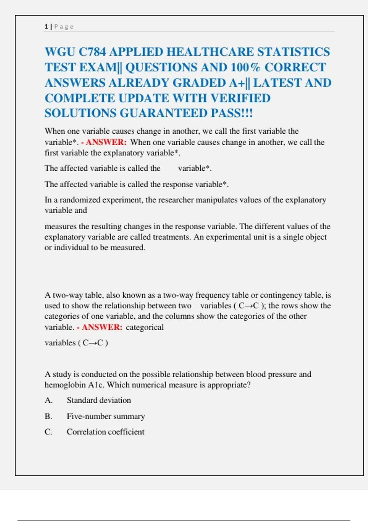 WGU C784 Applied Healthcare Statistics Exam Questions with Correct ...