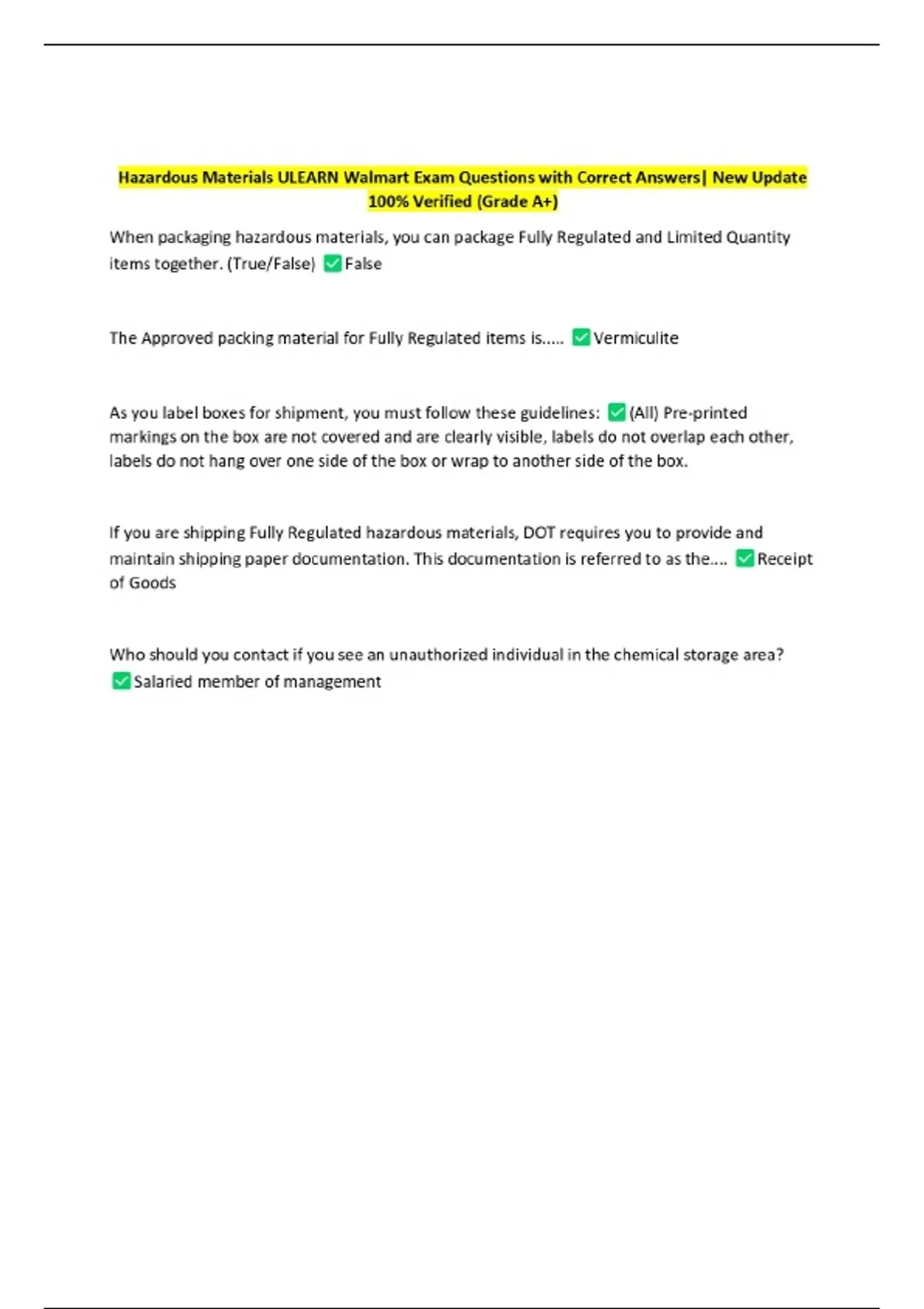Hazardous Materials ULEARN Walmart Exam Questions with Correct Answers| New Update 100% Verified ...