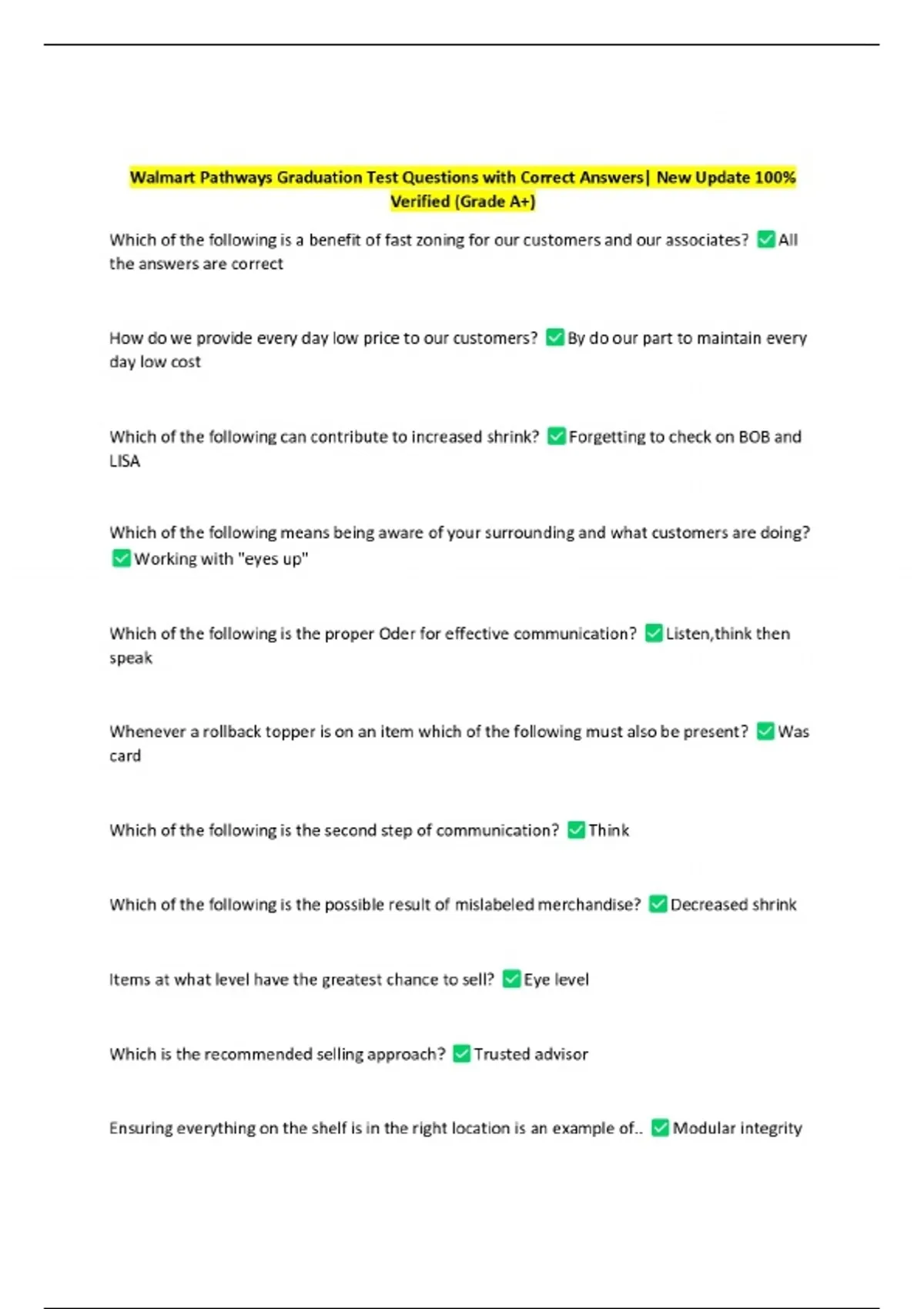 Walmart Pathways Graduation Test Questions with Correct Answers| New Update 100% Verified (Grade ...