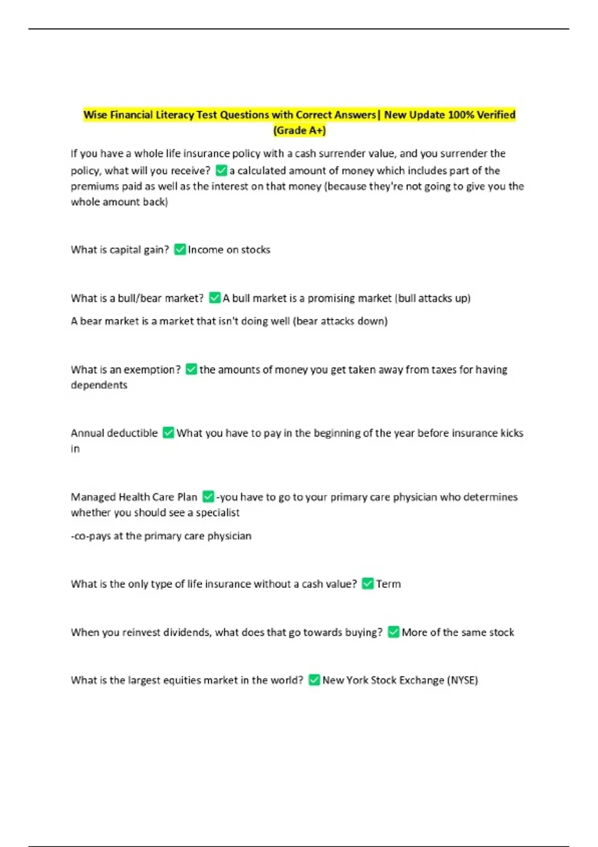 Wise Financial Literacy Test Questions with Correct Answers| New Update ...