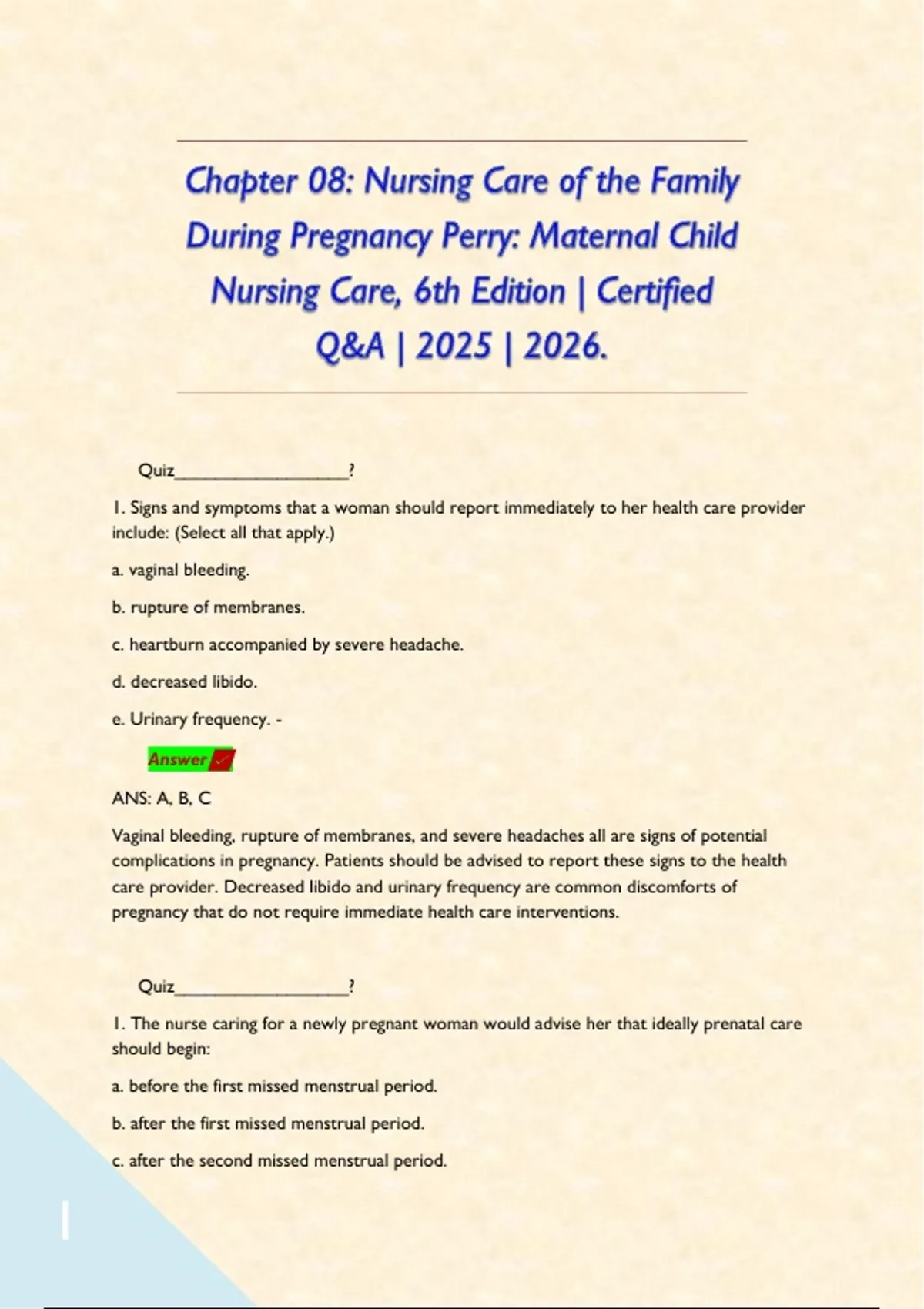 Chapter 08: Nursing Care of the Family During Pregnancy Perry: Maternal ...