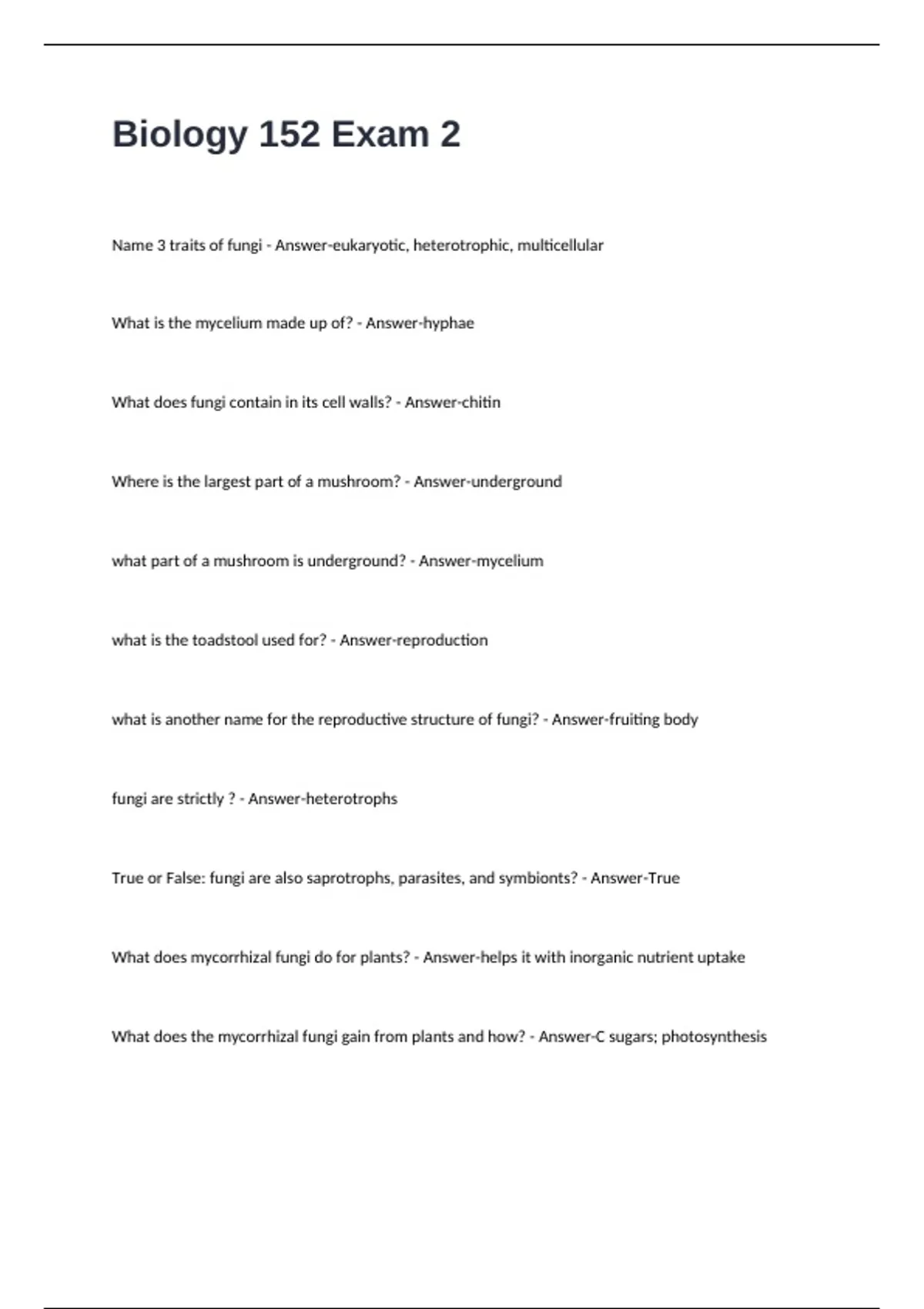 Biology 152 Exam 2 Questions and Answers - BIO 152 - Stuvia US