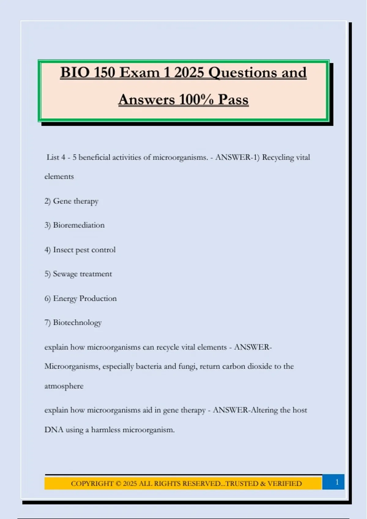 BIO 150 Exam 1 2025 Questions and Answers 100% Pass - BIO 150 - Stuvia US