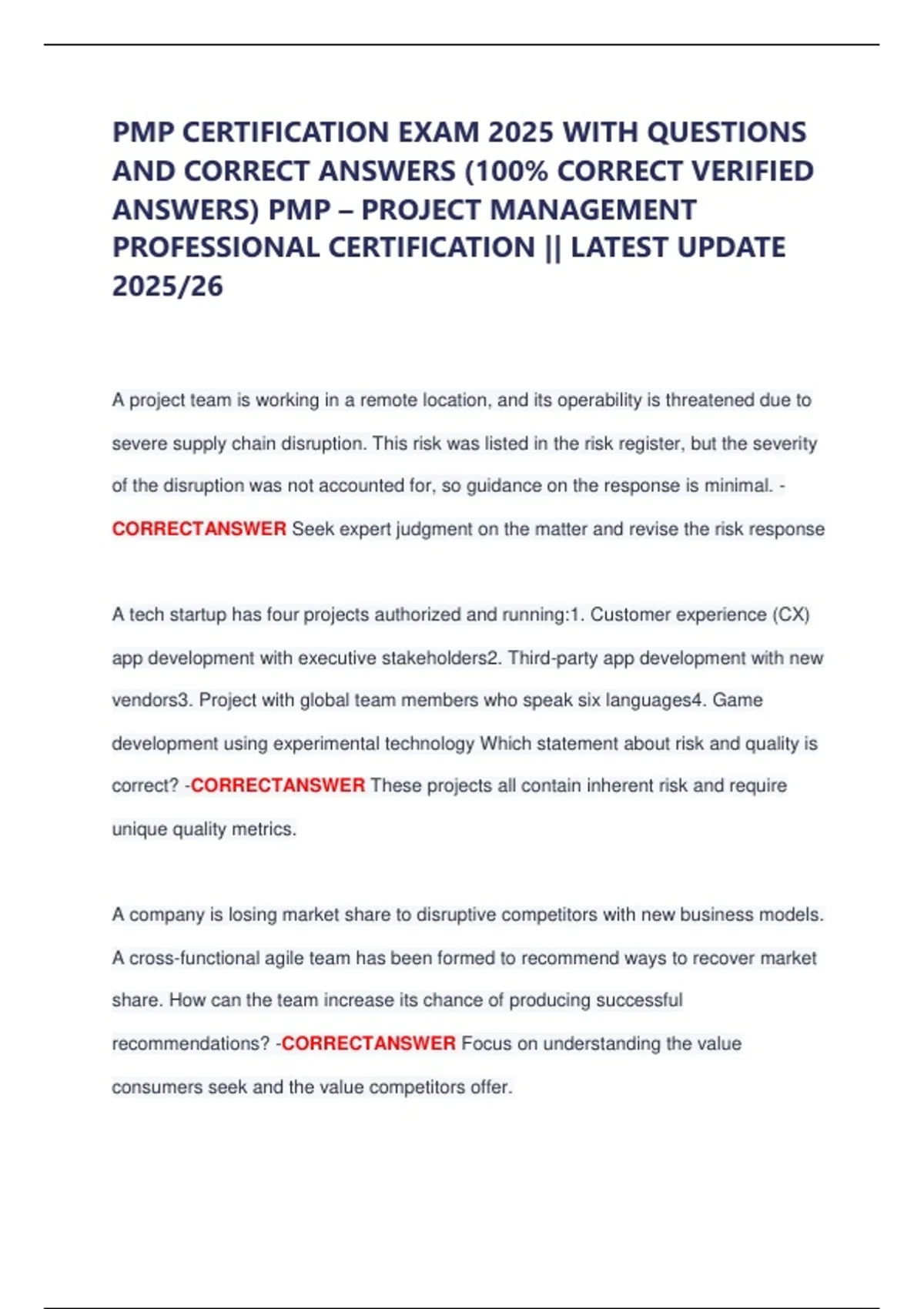 PMP CERTIFICATION EXAM 2025 WITH QUESTIONS AND CORRECT ANSWERS (100% ...