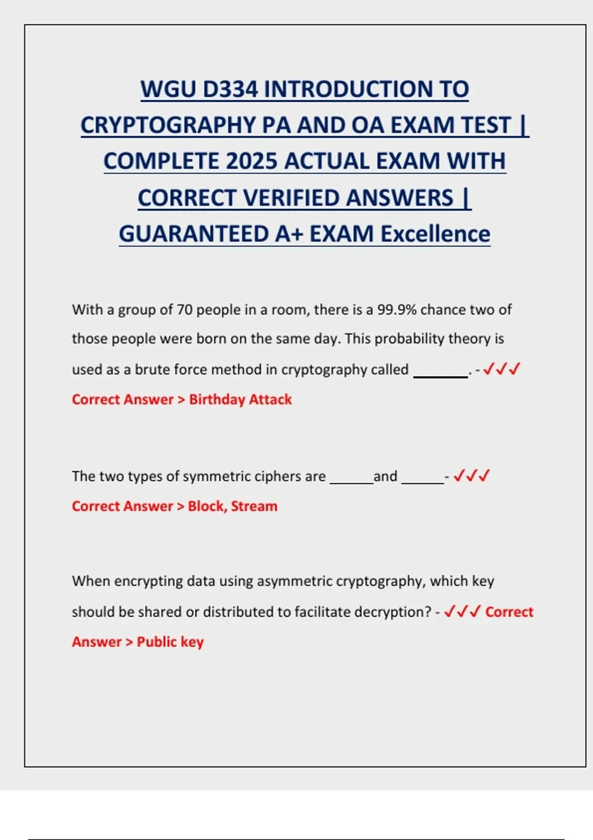 D334 INTRODUCTION TO CRYPTOGRAPHY PA AND OA EXAM TEST | COMPLETE 2025 ...