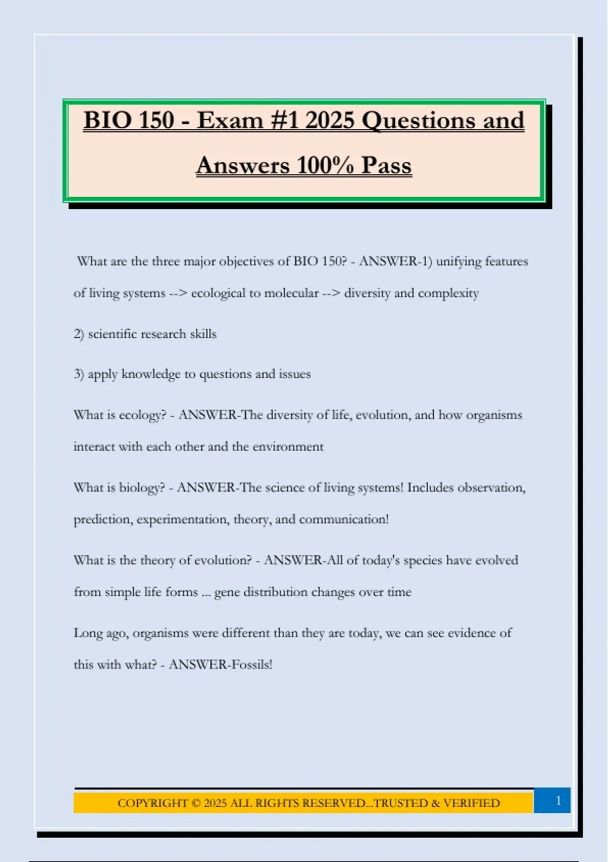 BIO 150 - Exam #1 2025 Questions and Answers 100% Pass - BIO 150 ...
