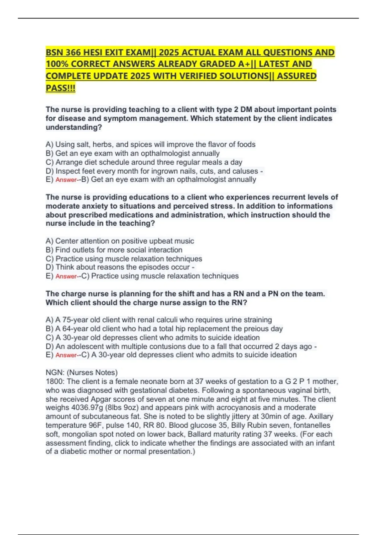 BSN 366 HESI EXIT EXAM|| 2025 ACTUAL EXAM ALL QUESTIONS AND 100% ...