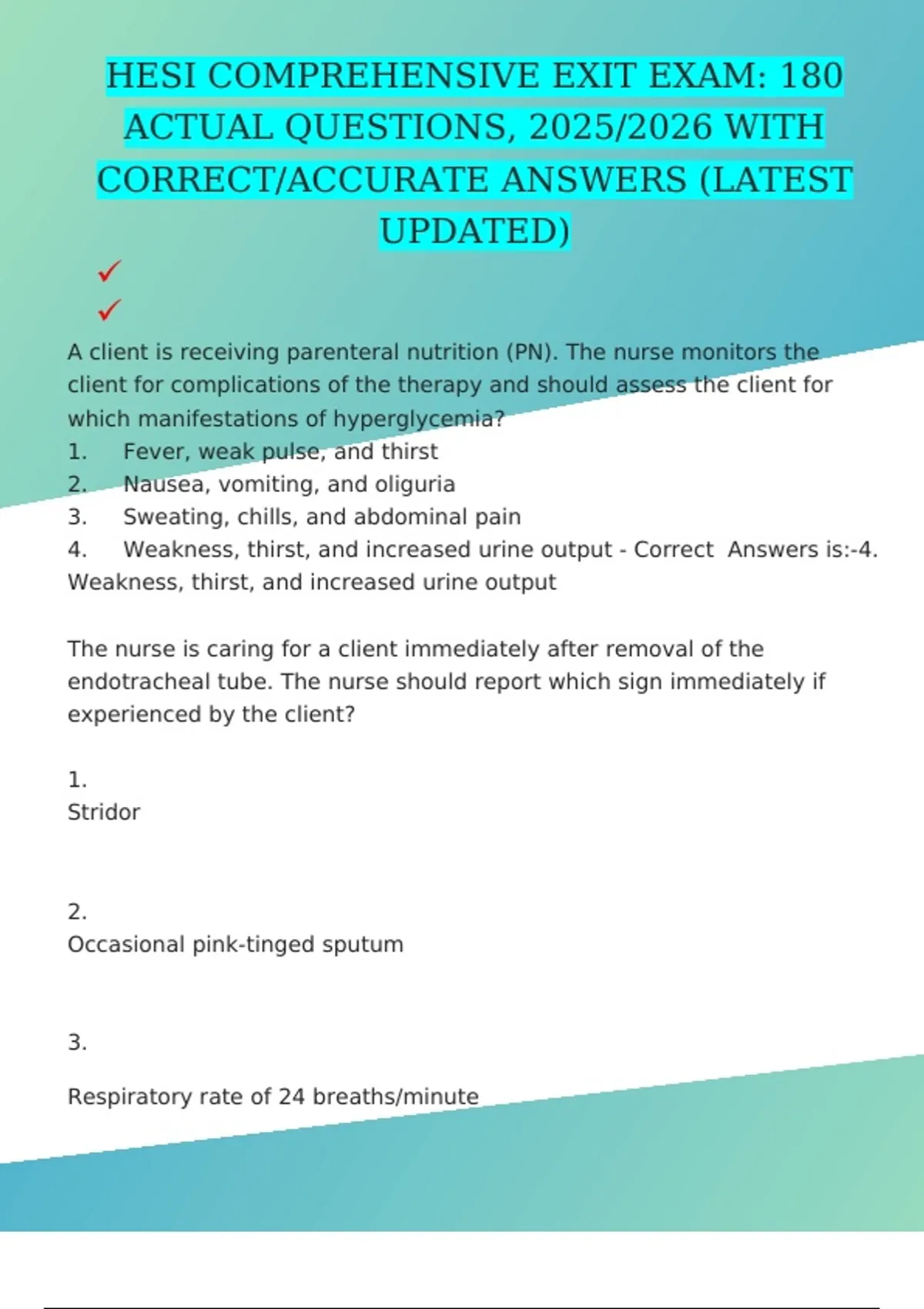 HESI COMPREHENSIVE EXIT EXAM: 180 ACTUAL QUESTIONS, 2025/2026 WITH ...