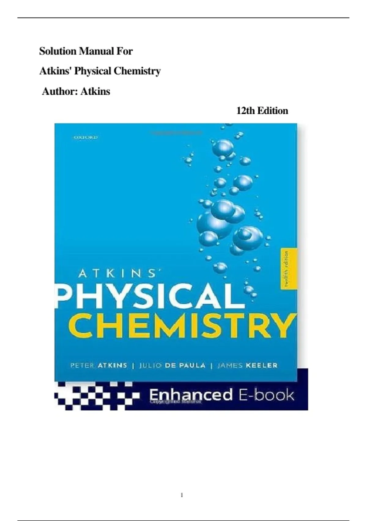 Solutions Manual for Atkins' Physical Chemistry, 12th Edition by Atkins | All Chapters 1-19 ...