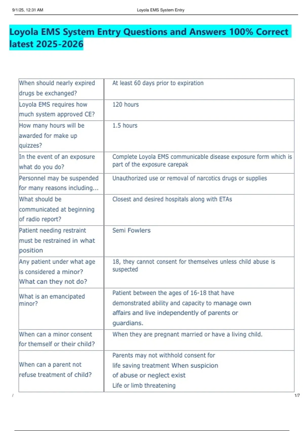 Loyola EMS System Entry Questions and Answers 100% Correct latest ...