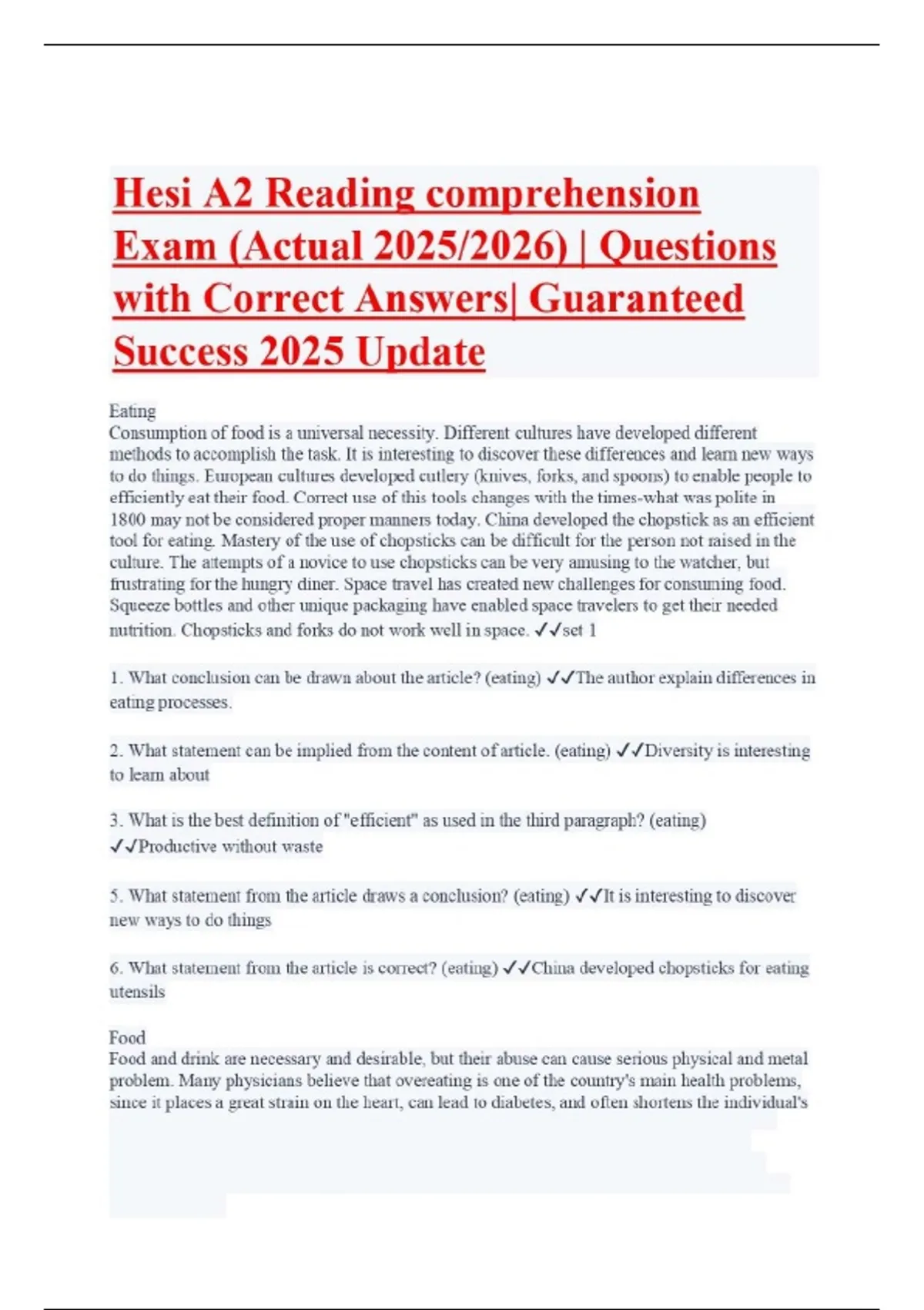 Hesi A2 Reading comprehension Exam (Actual 2025/2026) | Questions with ...