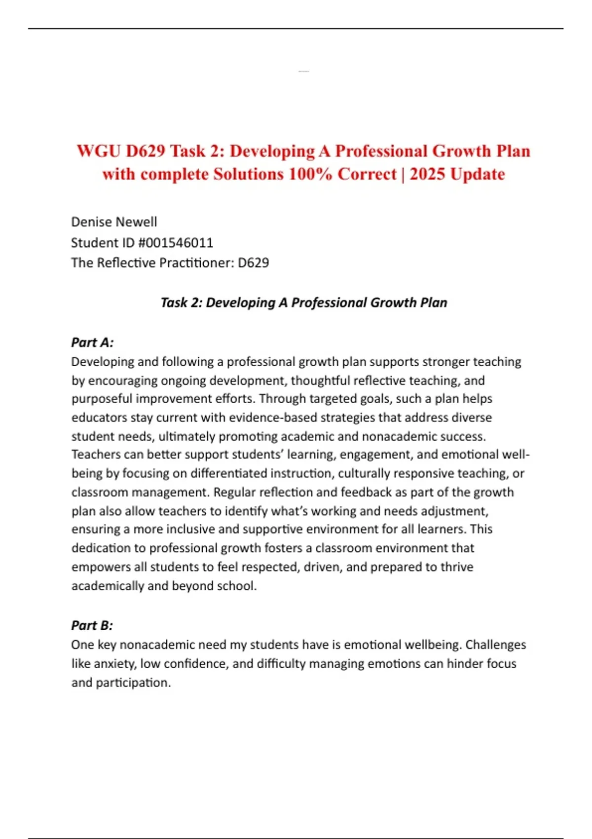 WGU D629 Task 2: Developing A Professional Growth Plan with complete ...