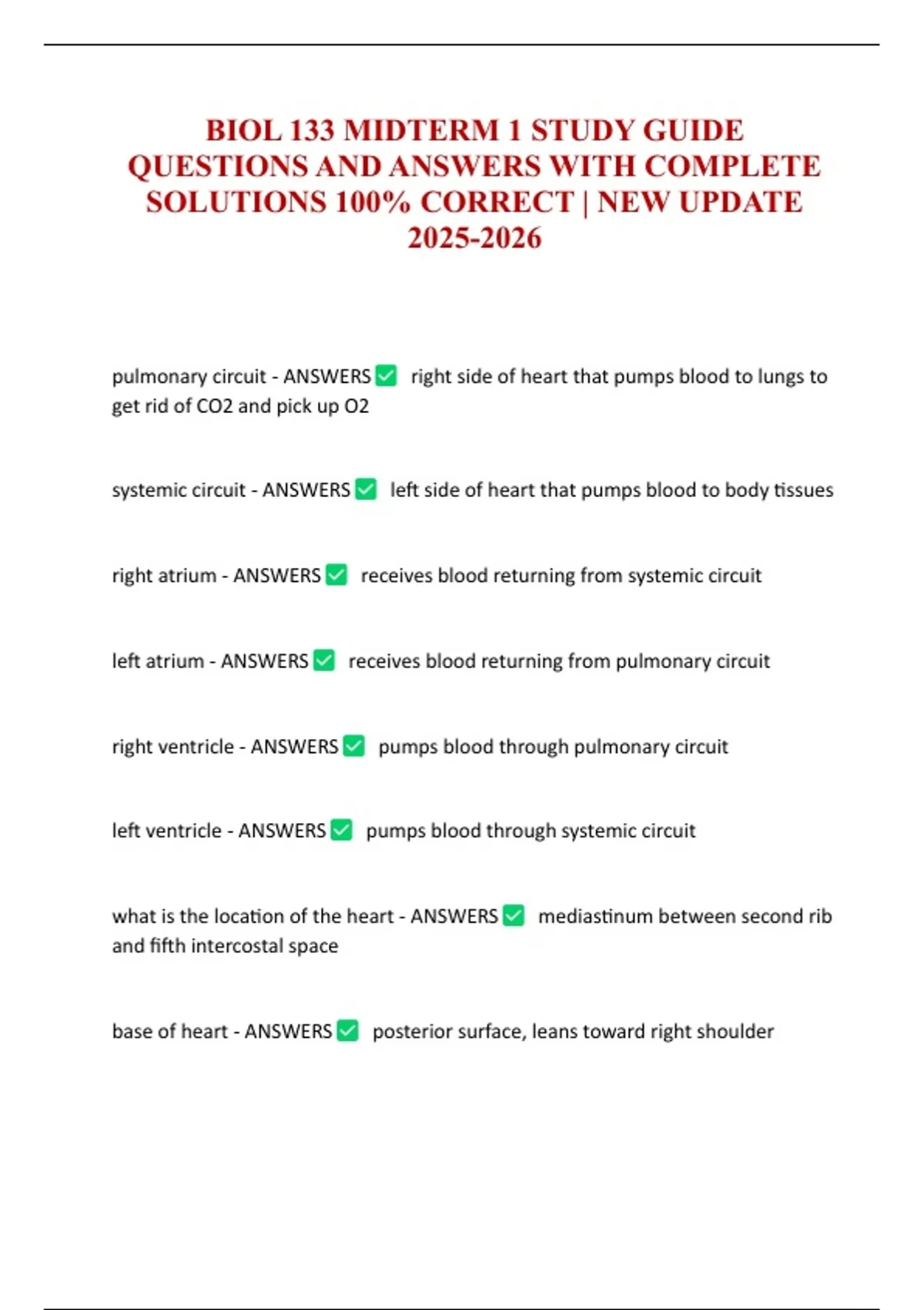 BIOL 133 MIDTERM 1 STUDY GUIDE QUESTIONS AND ANSWERS WITH COMPLETE ...