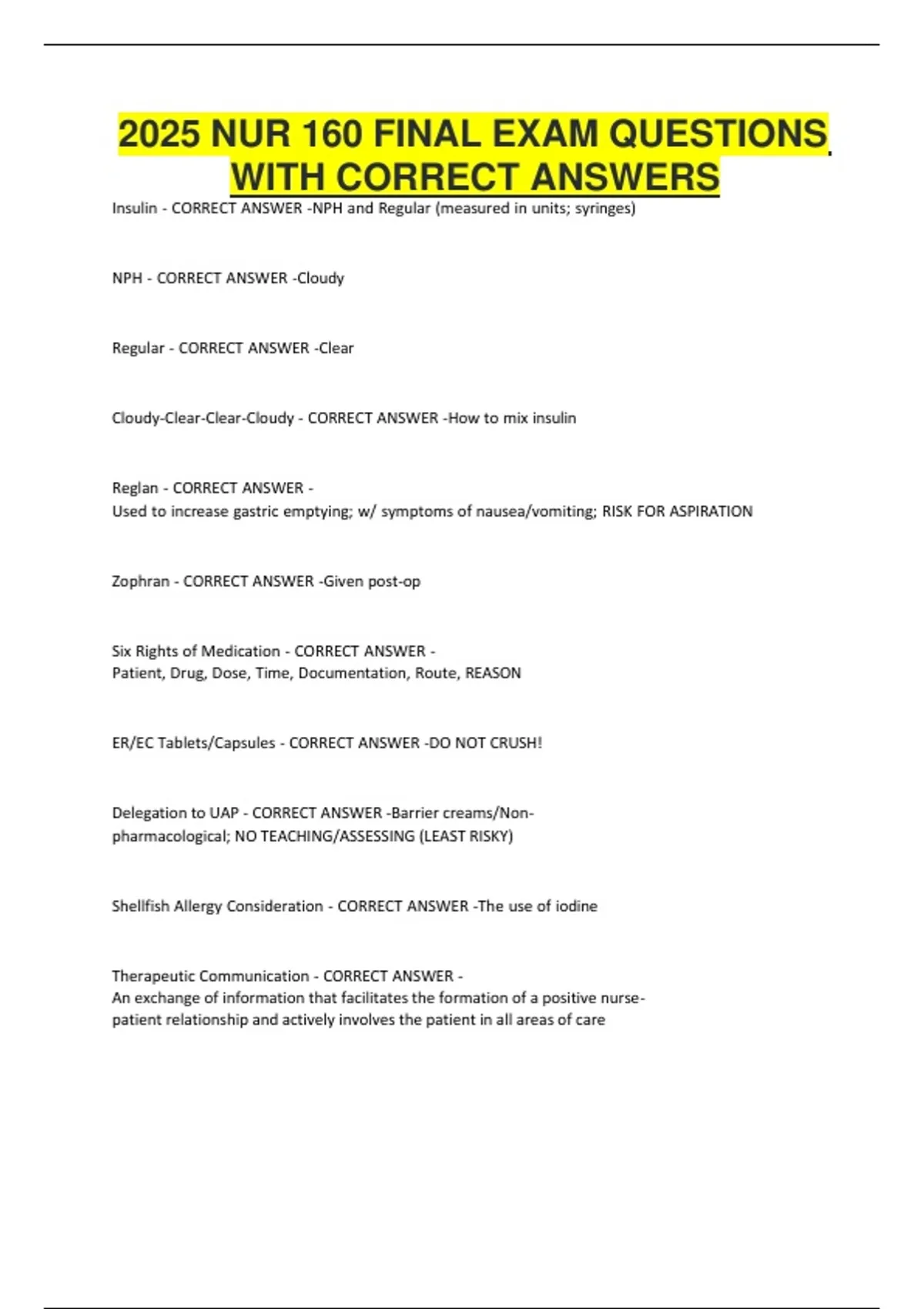 2025 NUR 160 Final Exam – Questions with Correct Answers (Updated 2025 ...
