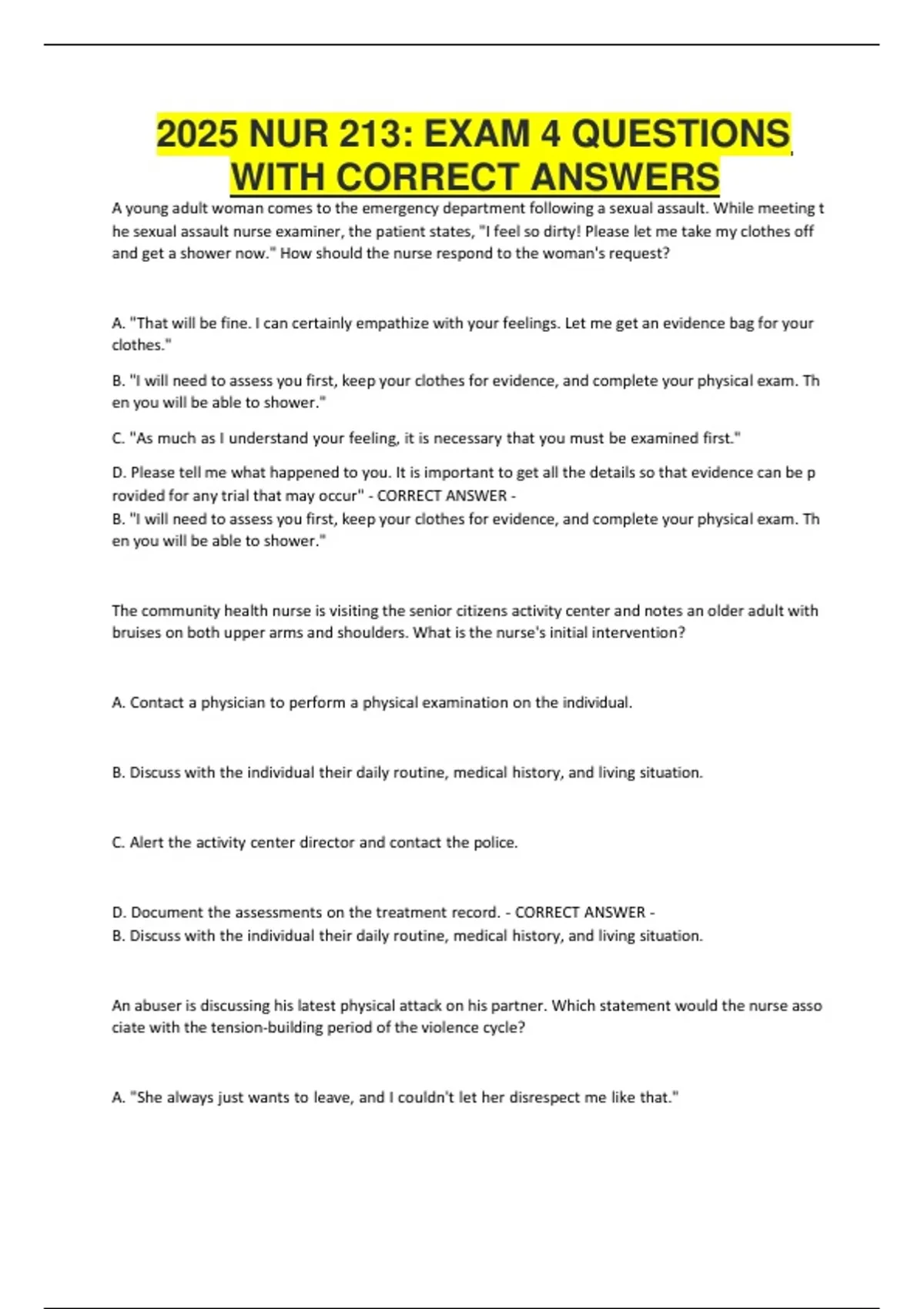 2025 NUR 213 Exam 4 – Questions with Correct Answers (Latest Updated ...