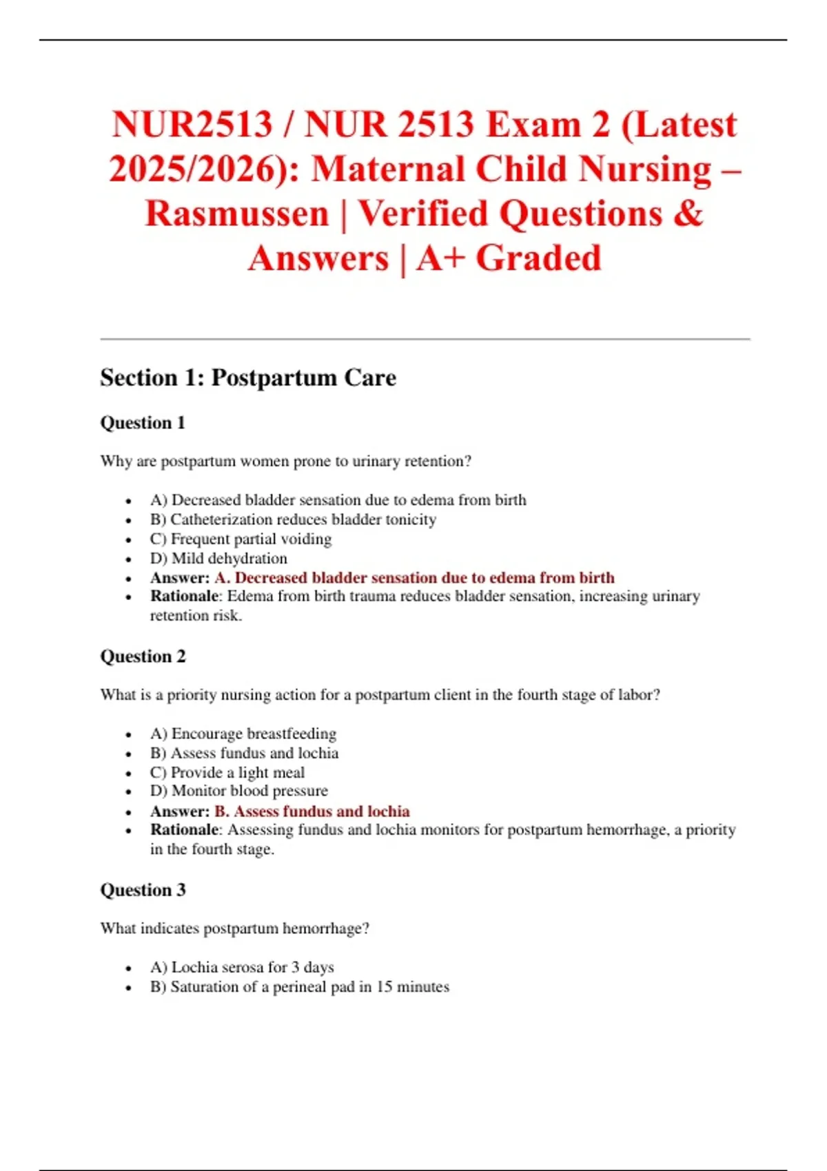 NUR2513 / NUR 2513 Exam 2 (Latest 2025/2026): Maternal Child Nursing ...