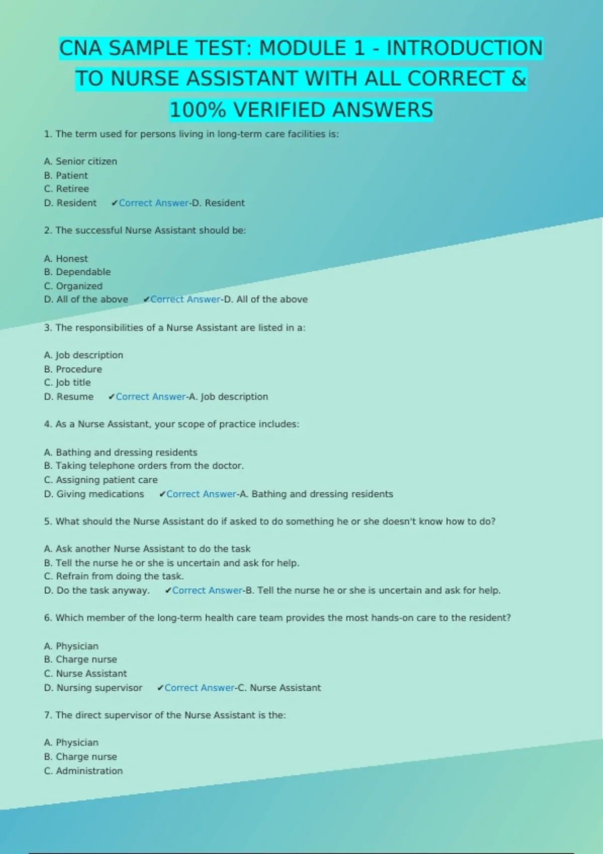 CNA SAMPLE TEST: MODULE 1 - INTRODUCTION TO NURSE ASSISTANT WITH ALL ...