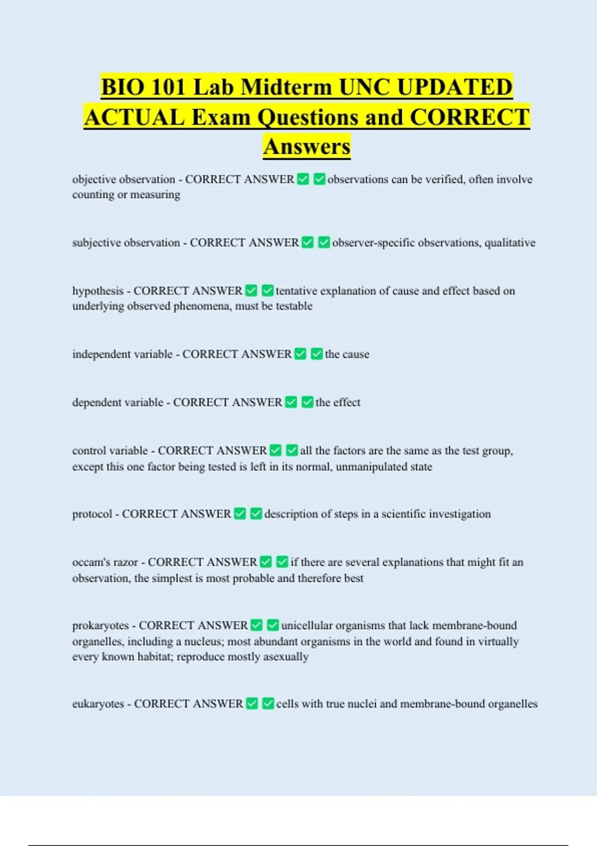 BIO 101 Lab Midterm UNC UPDATED ACTUAL Exam Questions and CORRECT ...