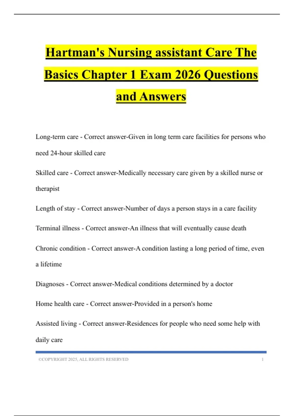 Hartman's Nursing assistant Care The Basics Chapter 1 Exam 2026 ...