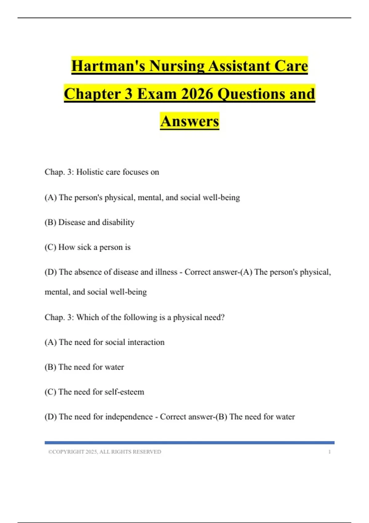 Hartman's Nursing Assistant Care Chapter 3 Exam 2026 Questions and ...