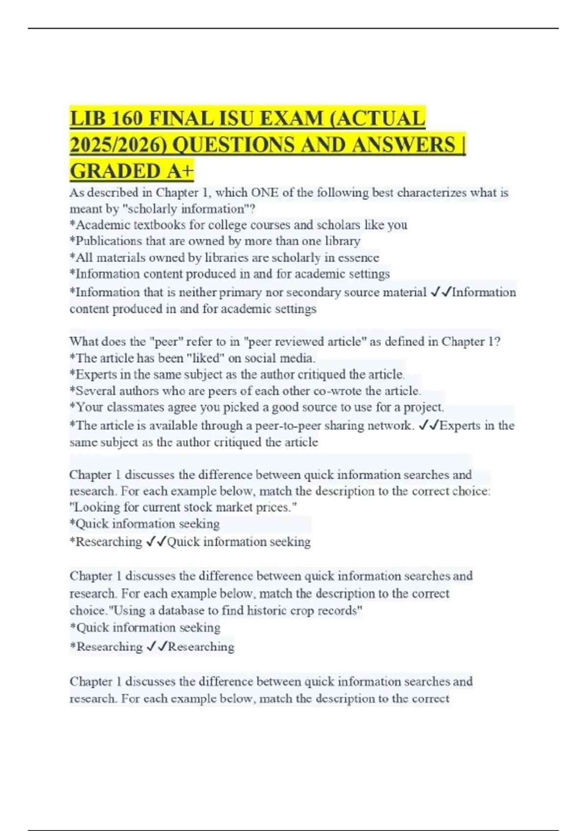 LIB 160 FINAL ISU EXAM (ACTUAL 2025/2026) QUESTIONS AND ANSWERS ...