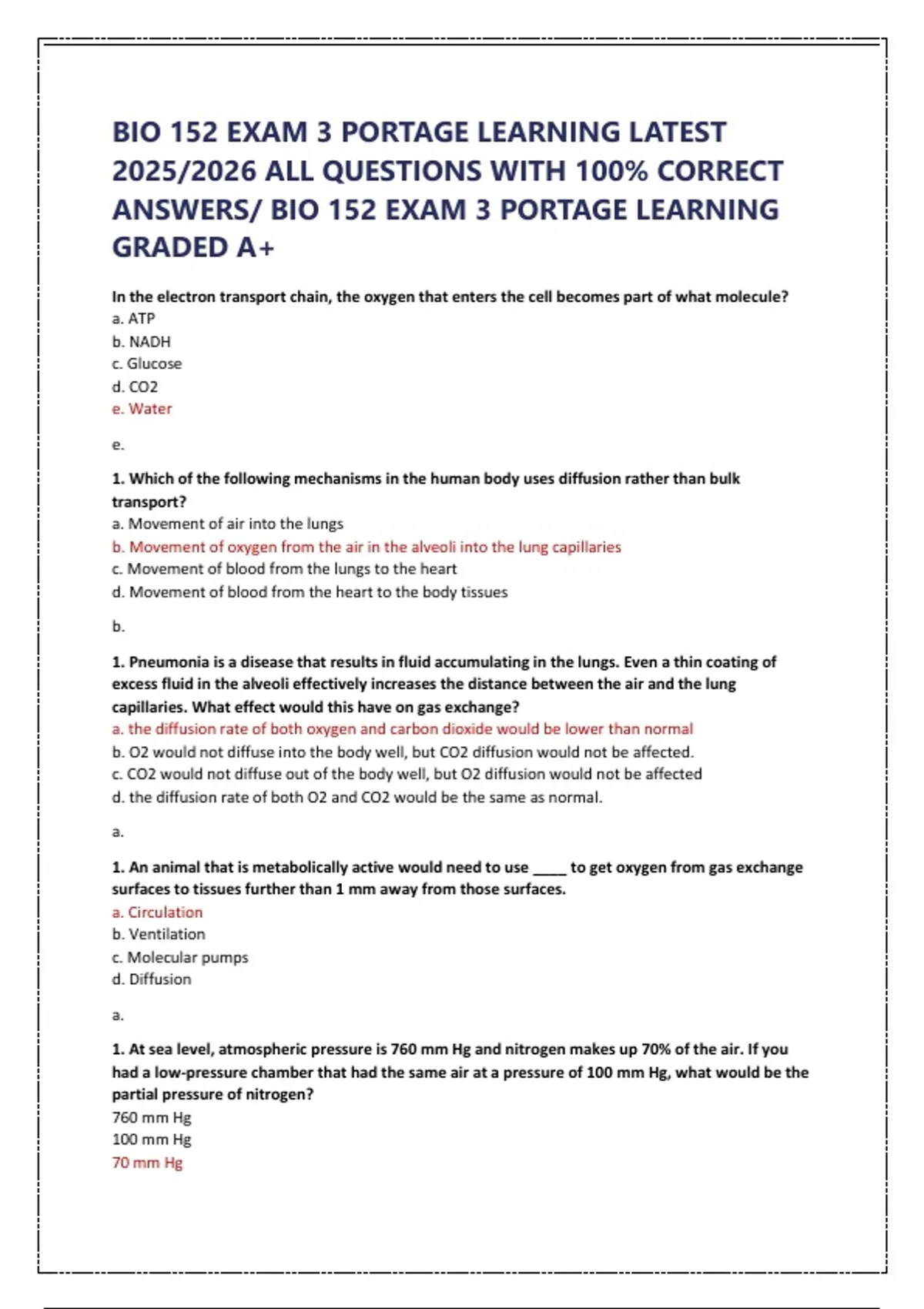 3 152 BIO 152 EXAM 3 PORTAGE LEARNING LATEST 2025/2026 ALL QUESTIONS WITH 100 ...