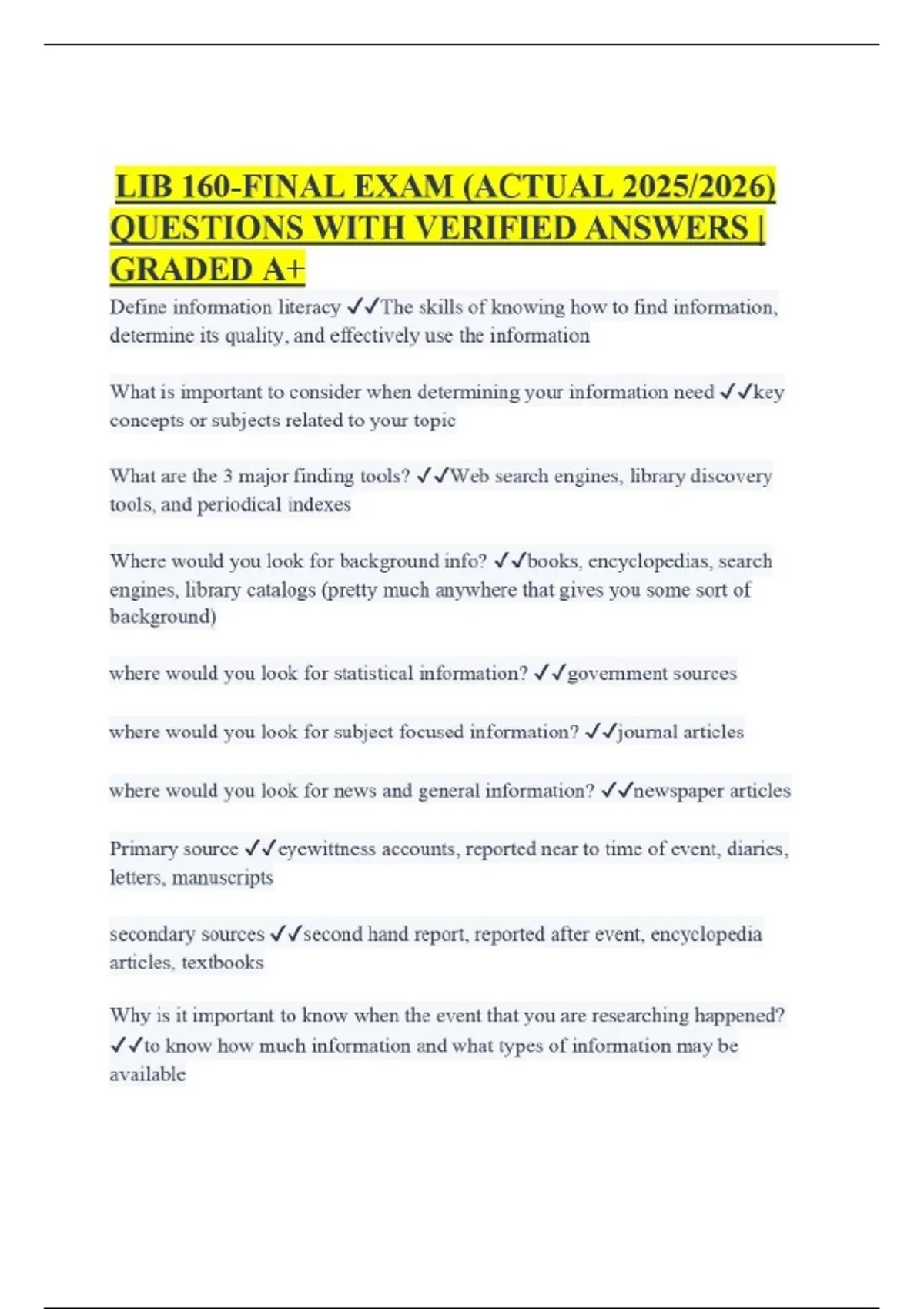 LIB 160-FINAL EXAM (ACTUAL 2025/2026) QUESTIONS WITH VERIFIED ANSWERS | GRADED A+ - LIB 160 ...