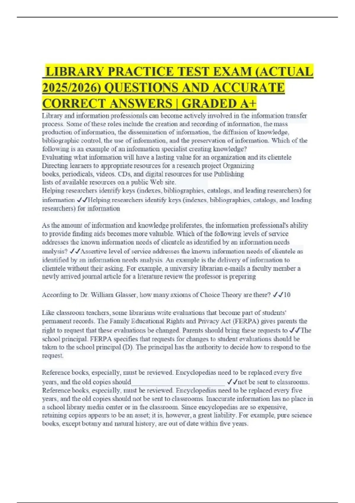 LIBRARY PRACTICE TEST EXAM (ACTUAL 2025/2026) QUESTIONS AND ACCURATE ...