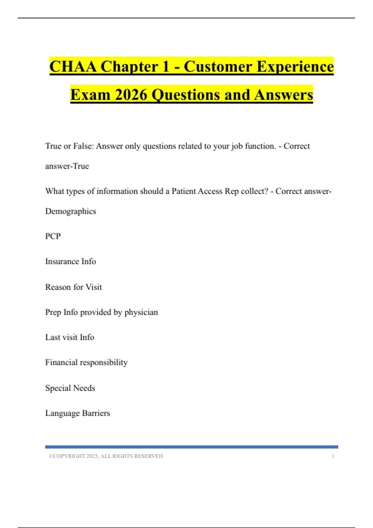 CHAA Chapter 1 - Customer Experience Exam 2026 Questions and Answers ...