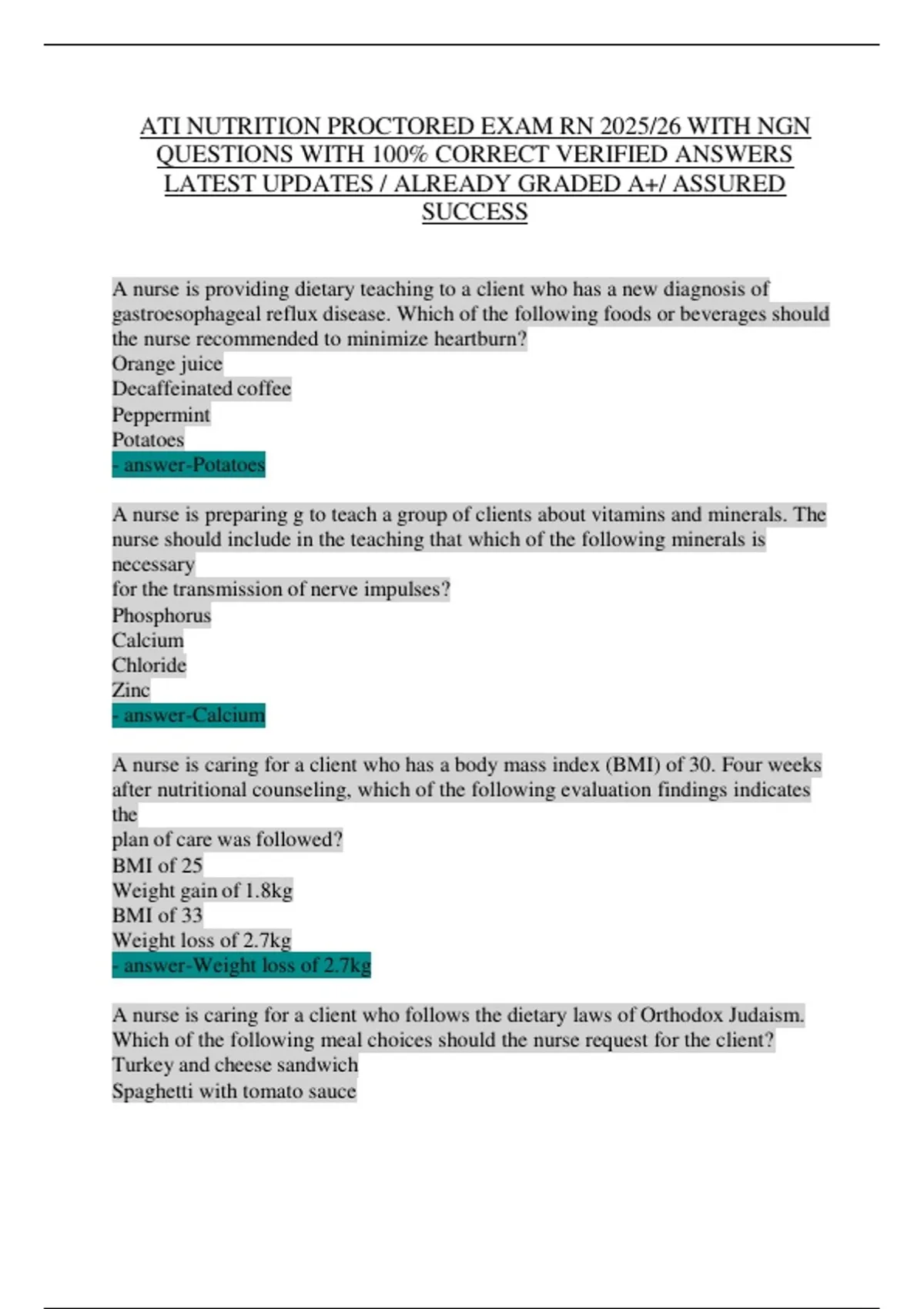 ATI Nutrition Proctored Exam RN 2025/26 – NGN Questions with Verified ...