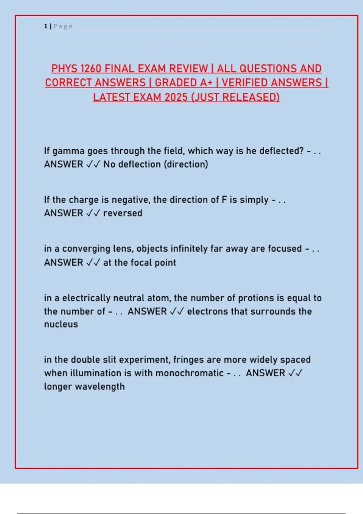 PHYS 1260 Final Exam Review 2025: All Questions & Verified Answers ...