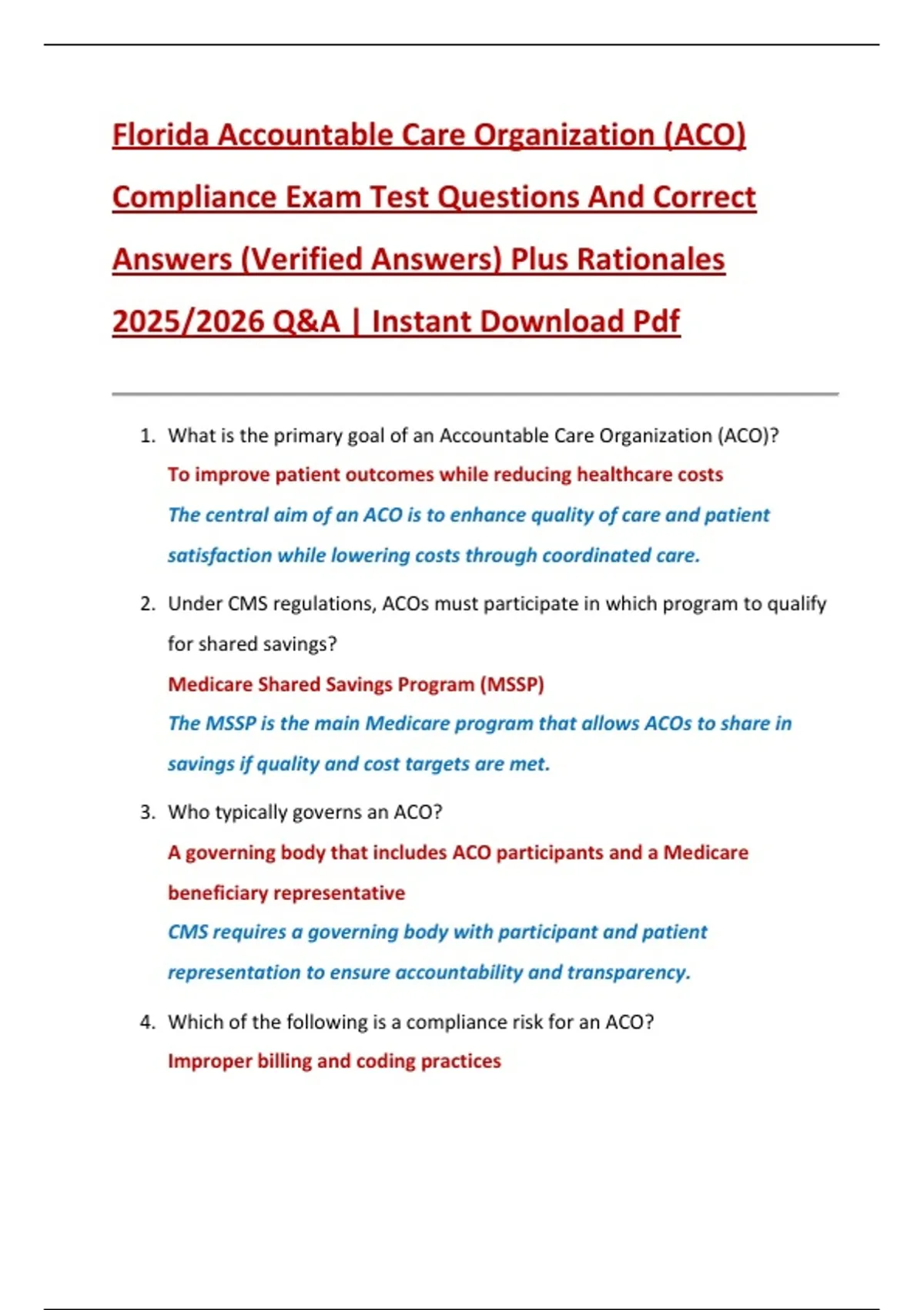 Florida Accountable Care Organization (ACO) Compliance Exam Test ...