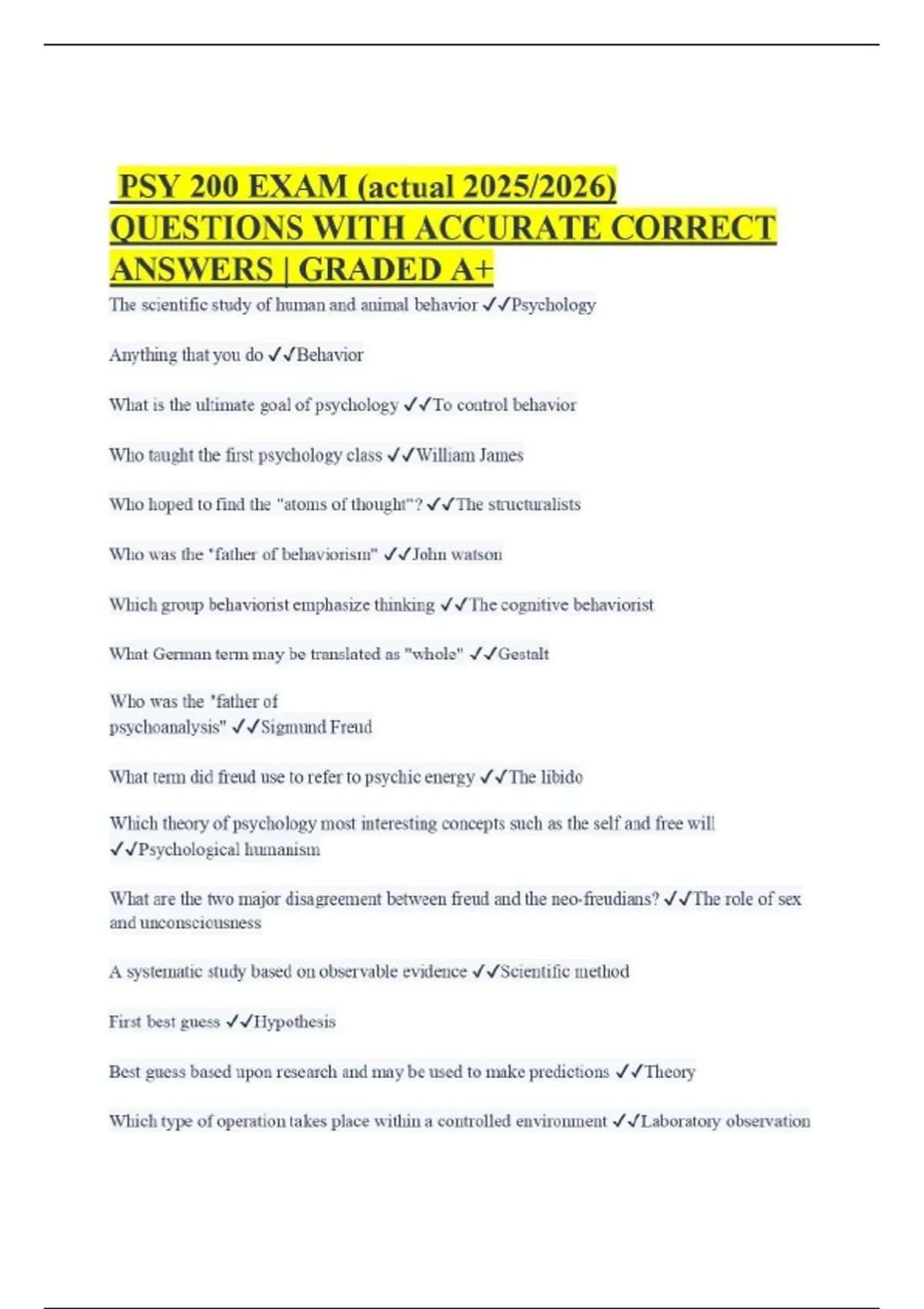 PSY 200 EXAM (actual 2025/2026) QUESTIONS WITH ACCURATE CORRECT ANSWERS ...
