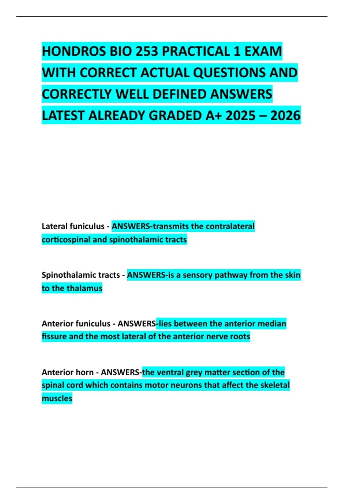 HONDROS BIO 253 PRACTICAL 1 EXAM WITH CORRECT ACTUAL QUESTIONS AND ...