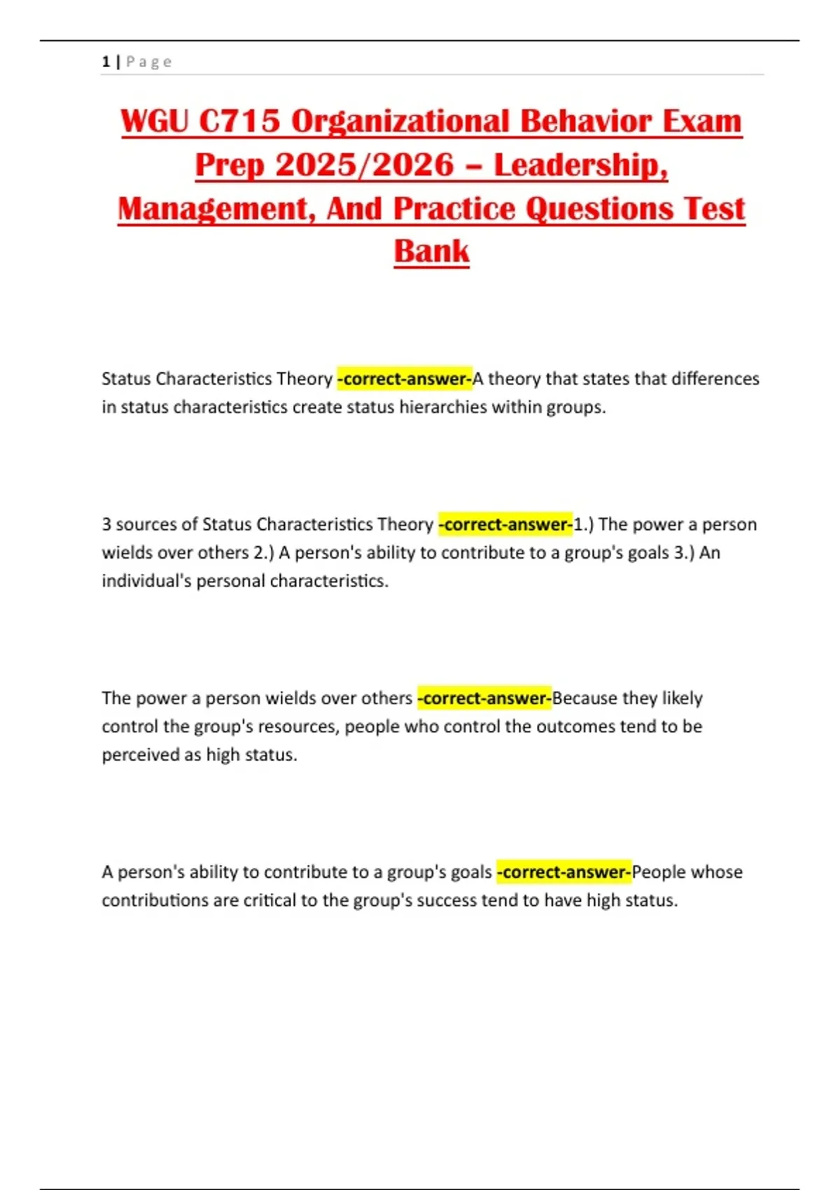 WGU C715 Organizational Behavior Exam Prep 2025/2026 – Leadership ...