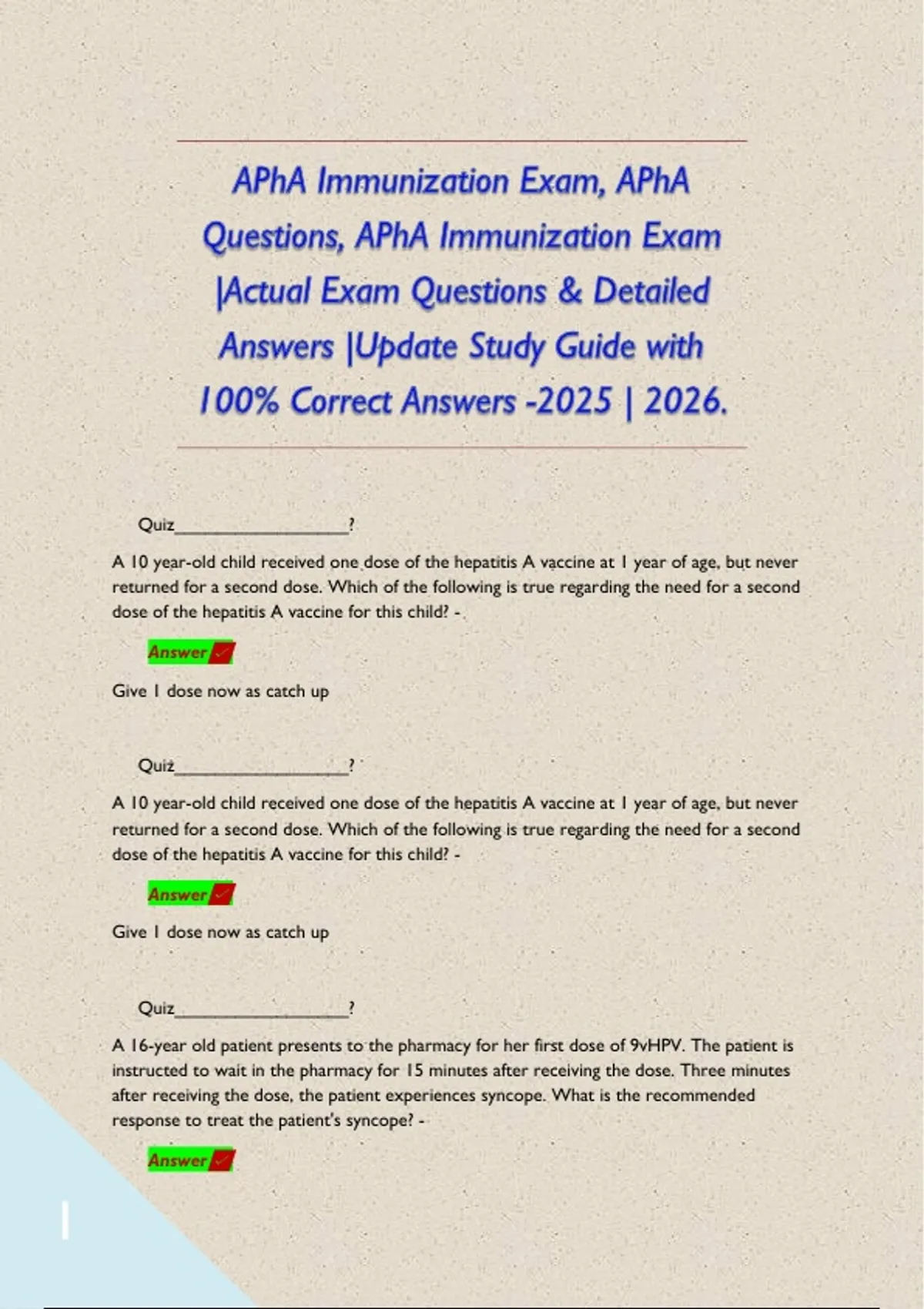 Apha Rut APhA Immunization Exam, APhA Questions, APhA Immunization Exam |Actual ...