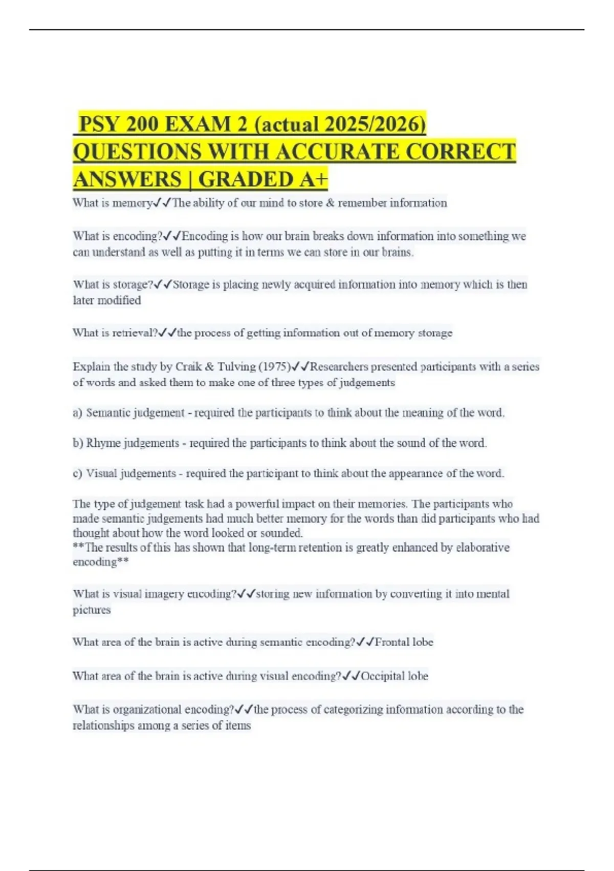 PSY 200 EXAM 2 (actual 2025/2026) QUESTIONS WITH ACCURATE CORRECT ...