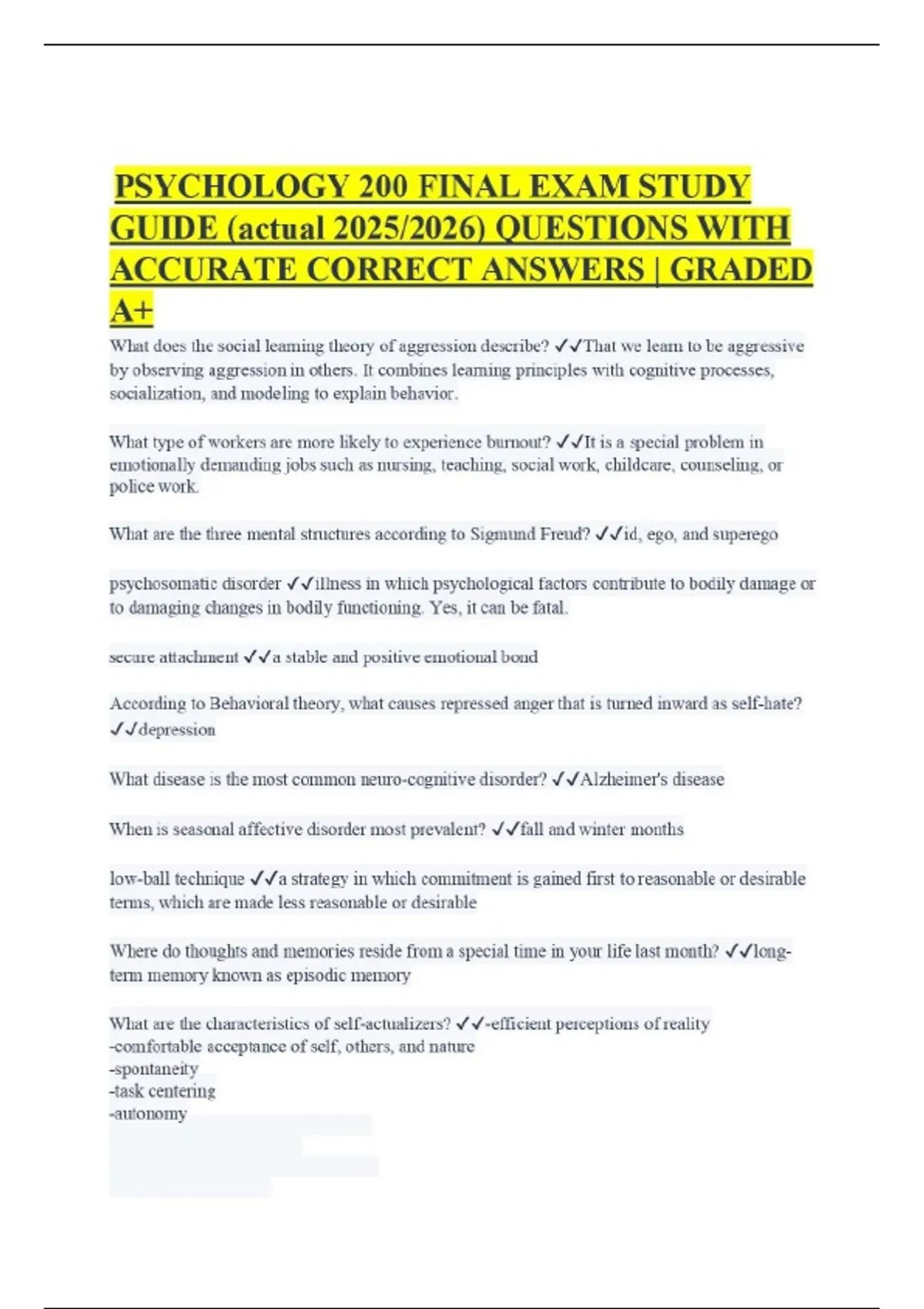 PSYCHOLOGY 200 FINAL EXAM STUDY GUIDE (actual 2025/2026) QUESTIONS WITH ...